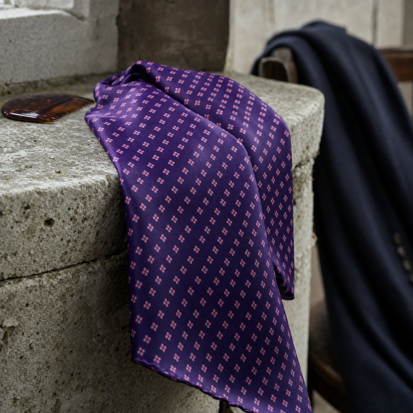 Purple Quadruple Polka Silk Cravat — 100% silk cravat, draped detail