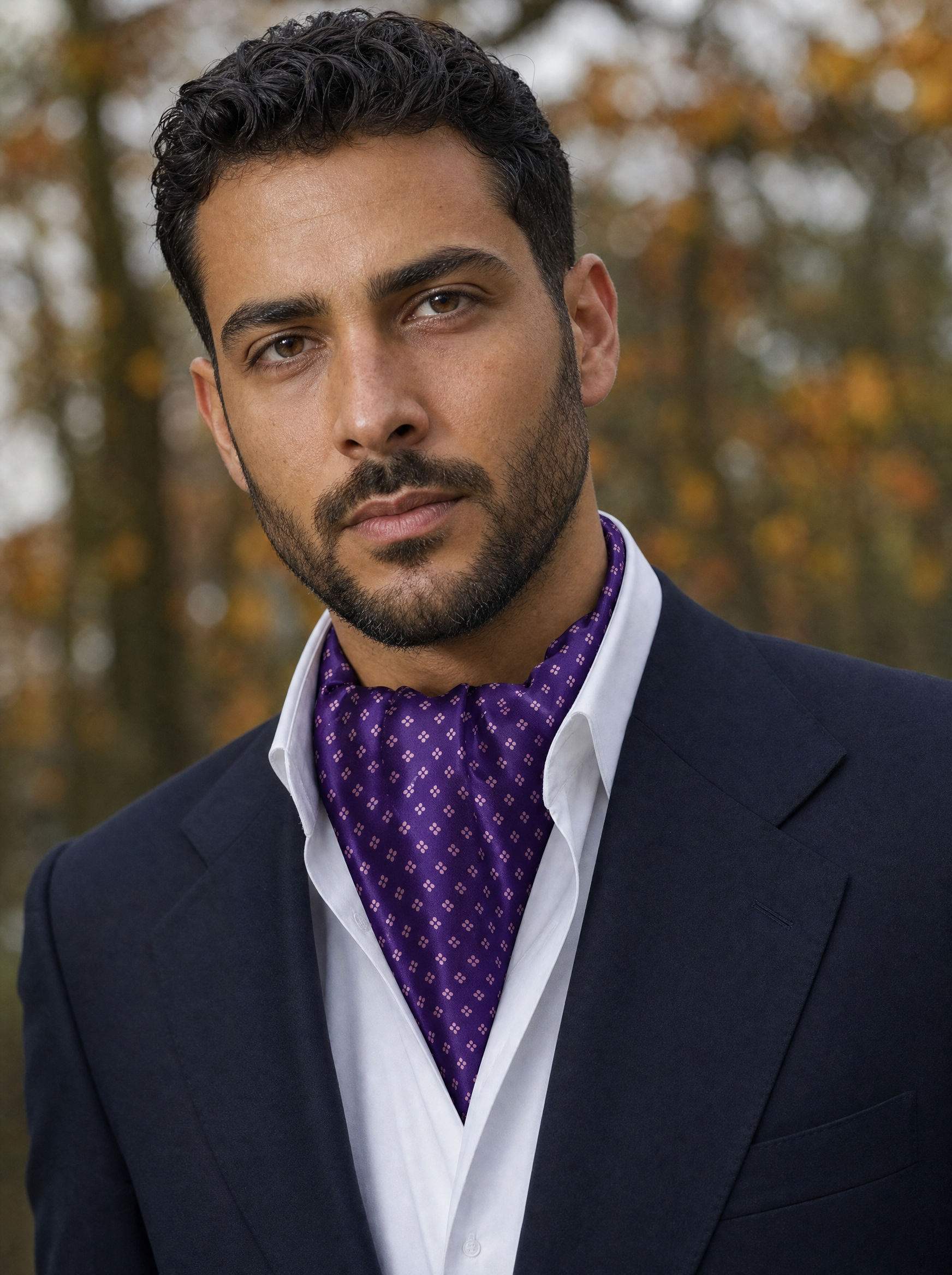 Purple Quadruple Polka Silk Cravat worn by a model — men's cravat