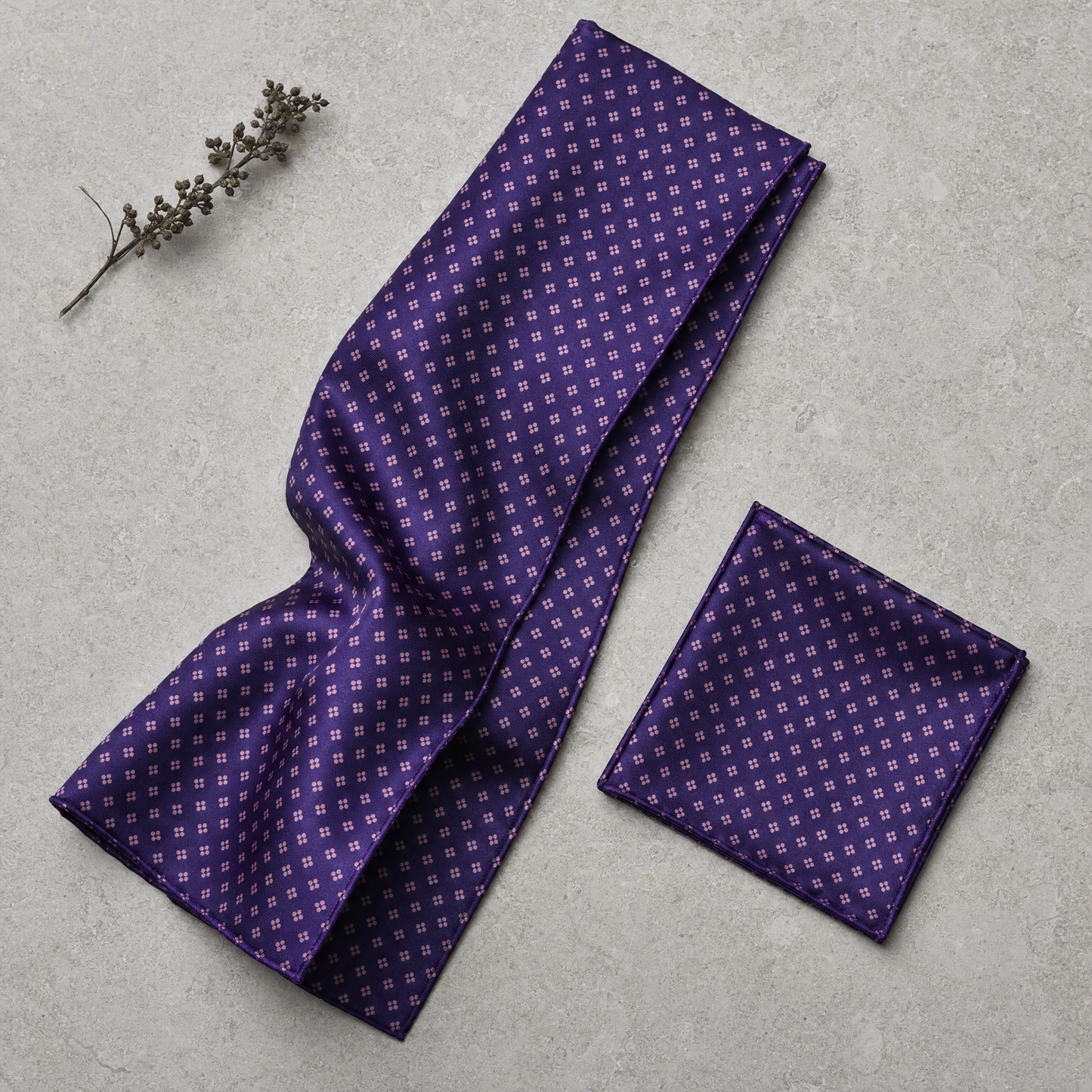 Purple Quadruple Polka Purple Silk Scarf & Pocket Square — 100% silk scarf, draped detail