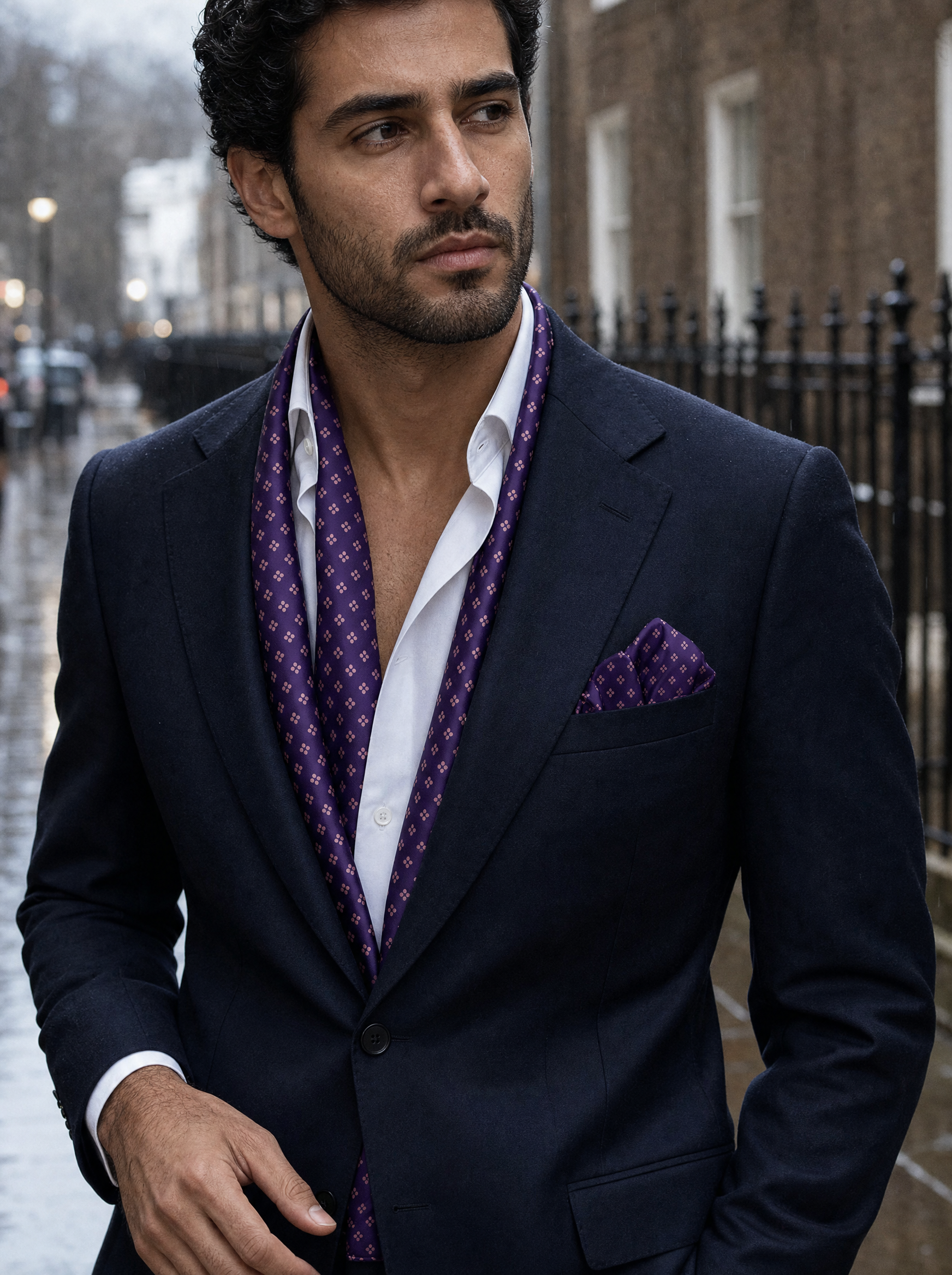 Purple Quadruple Polka Purple Silk Scarf & Pocket Square worn by a model — men's scarf