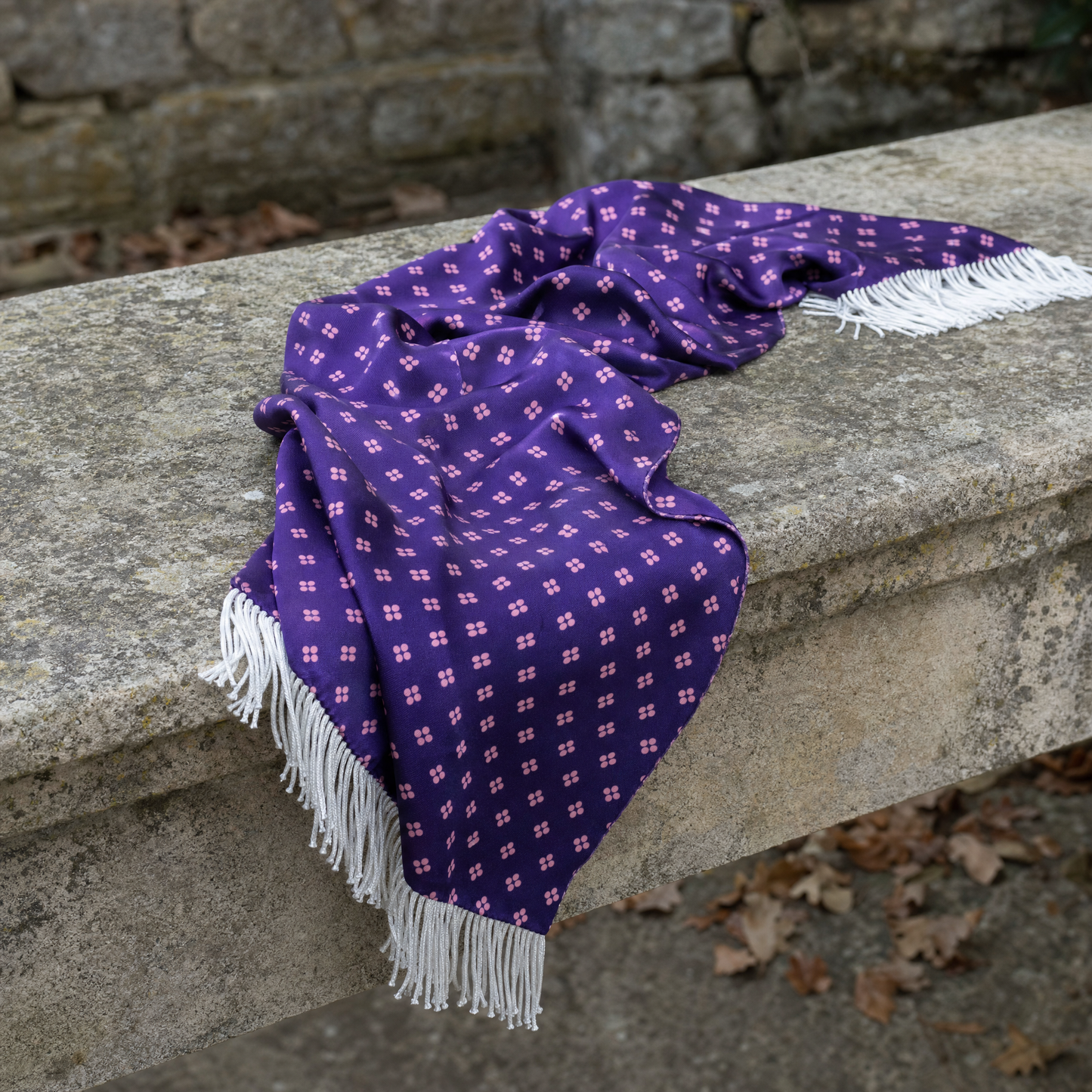 Purple Quadruple Polka Silk Scarf — 100% silk scarf, draped detail