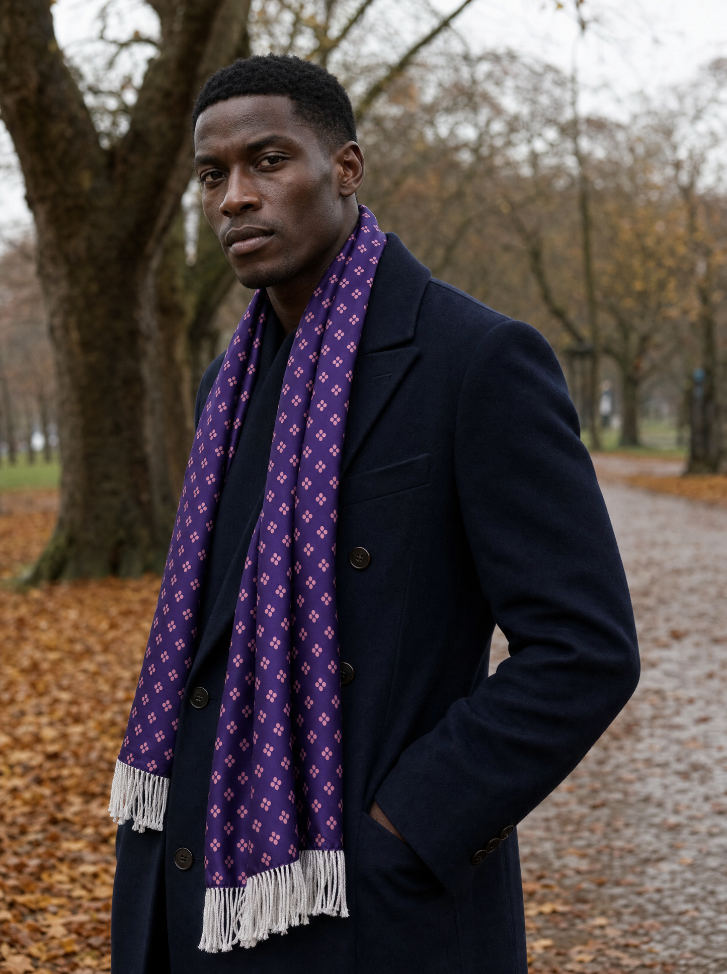 Purple Quadruple Polka Silk Scarf worn by a model — men's scarf