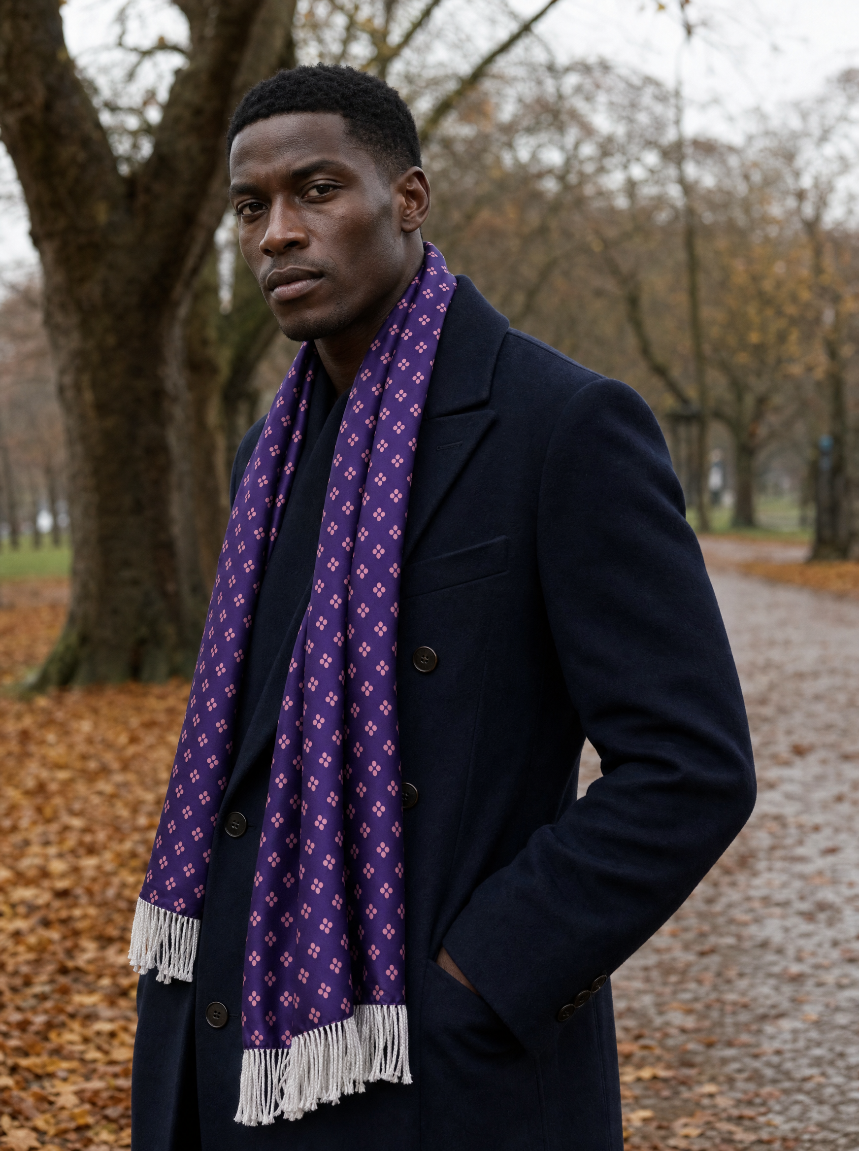 Purple Quadruple Polka Silk Scarf worn by a model — men's scarf