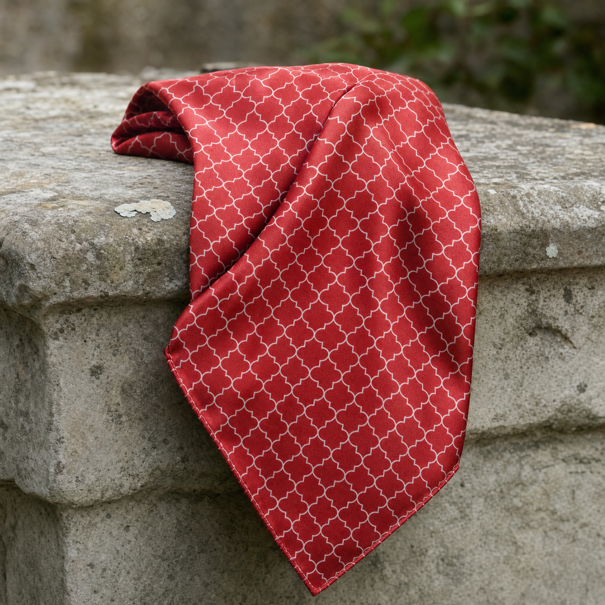 Red White Tartan Silk Cravat — 100% silk cravat, draped detail