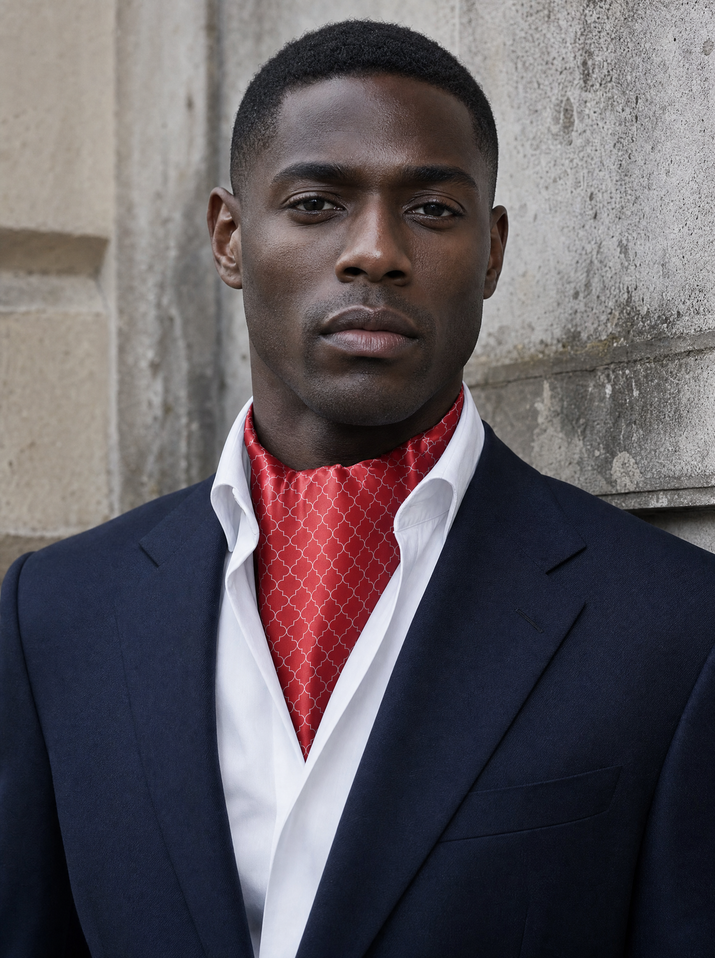 Red White Tartan Silk Cravat worn by a model — men's cravat