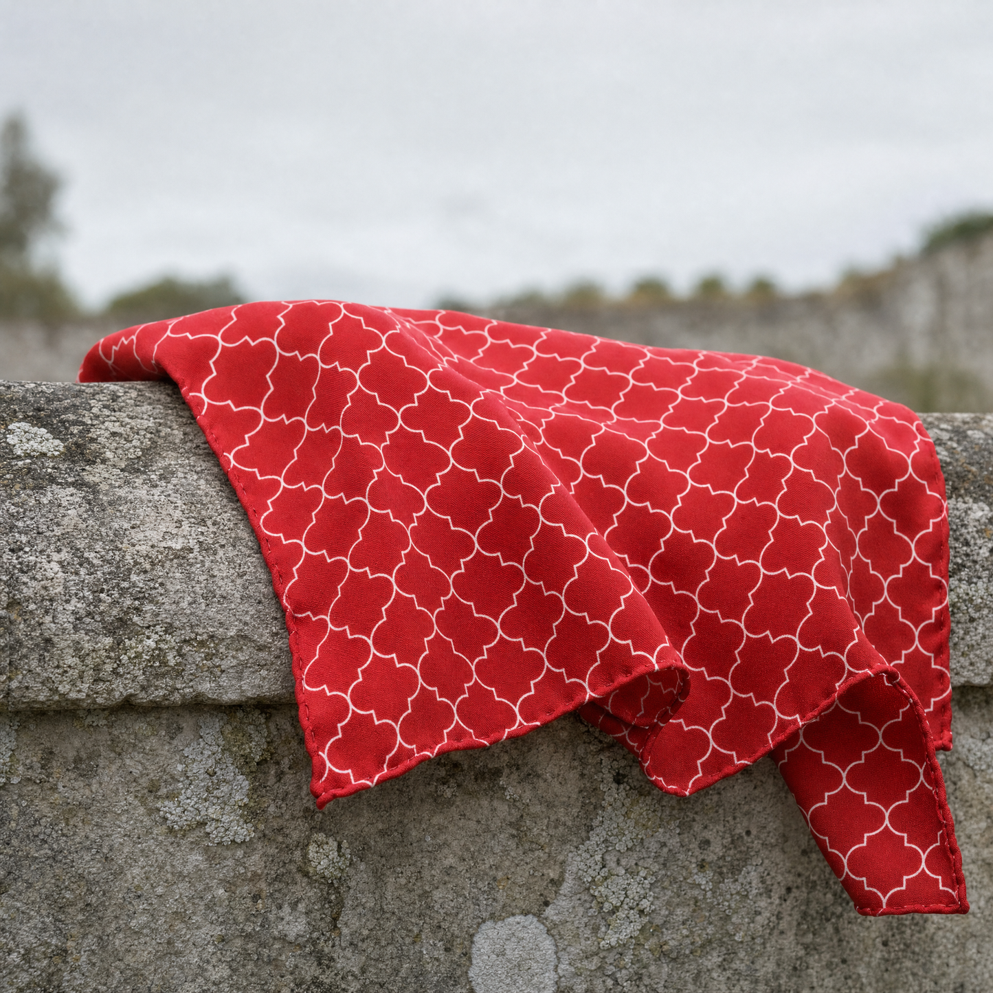 Red White Tartan Silk Pocket Square — 100% silk pocket square, draped detail
