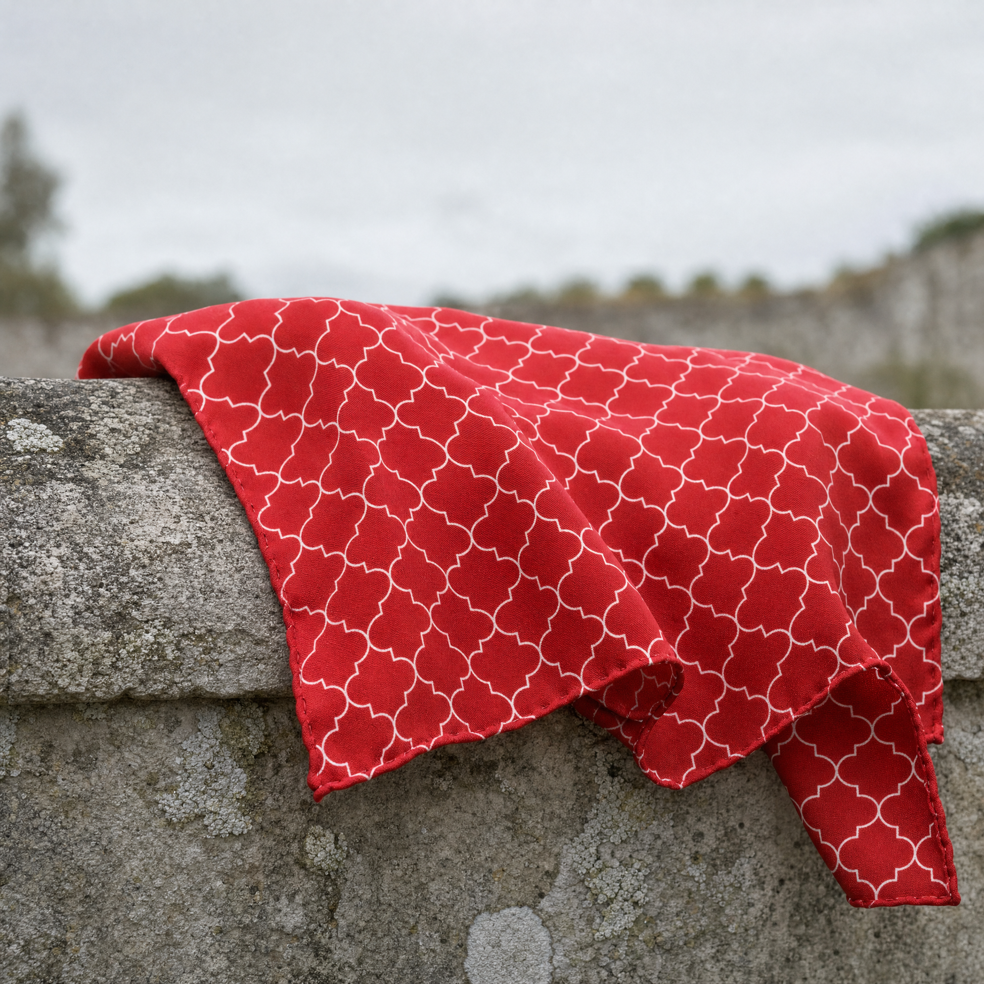 Red White Tartan Silk Pocket Square — 100% silk pocket square, draped detail