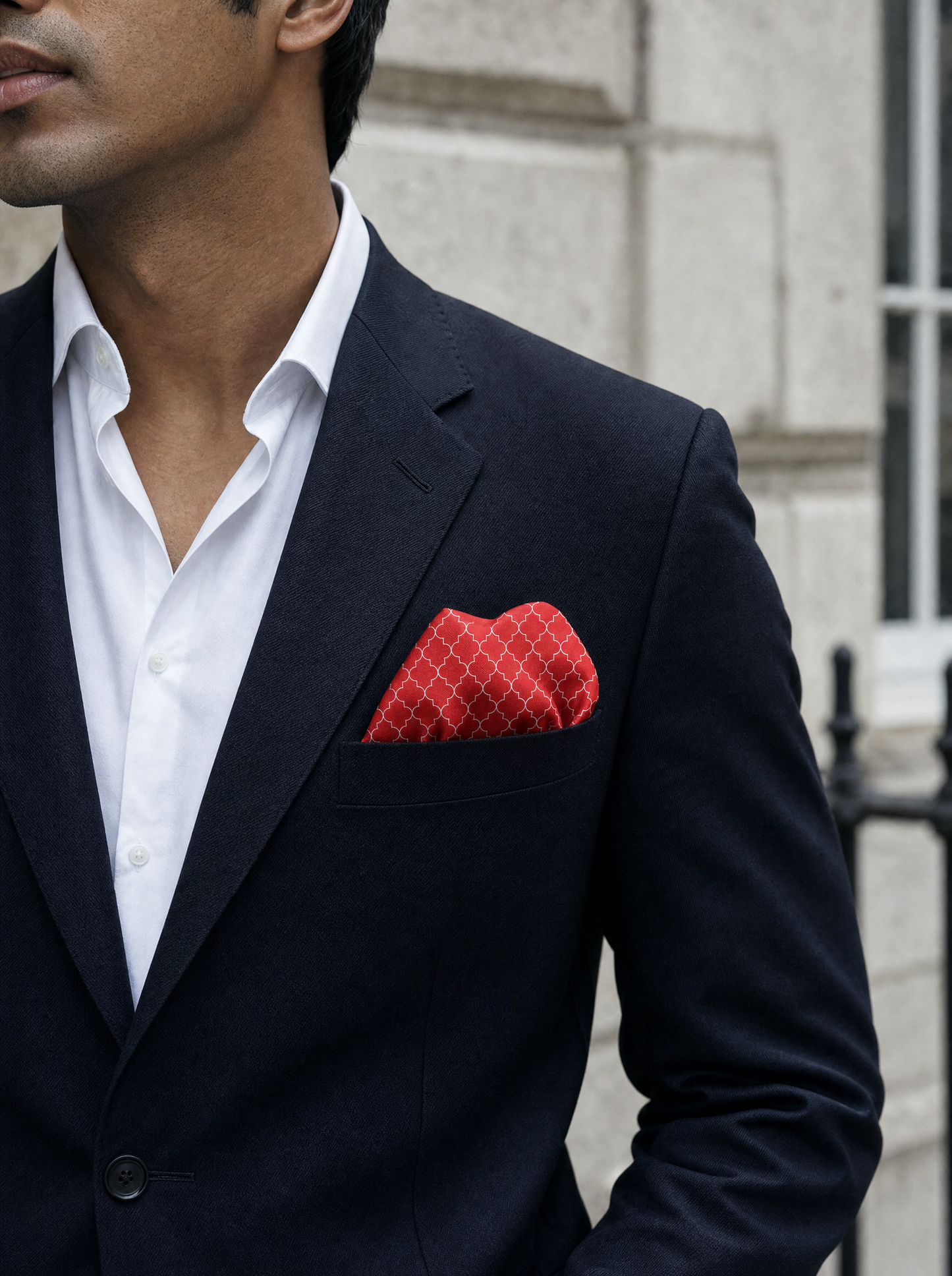 Red White Tartan Silk Pocket Square folded in a suit breast pocket — men's silk pocket square