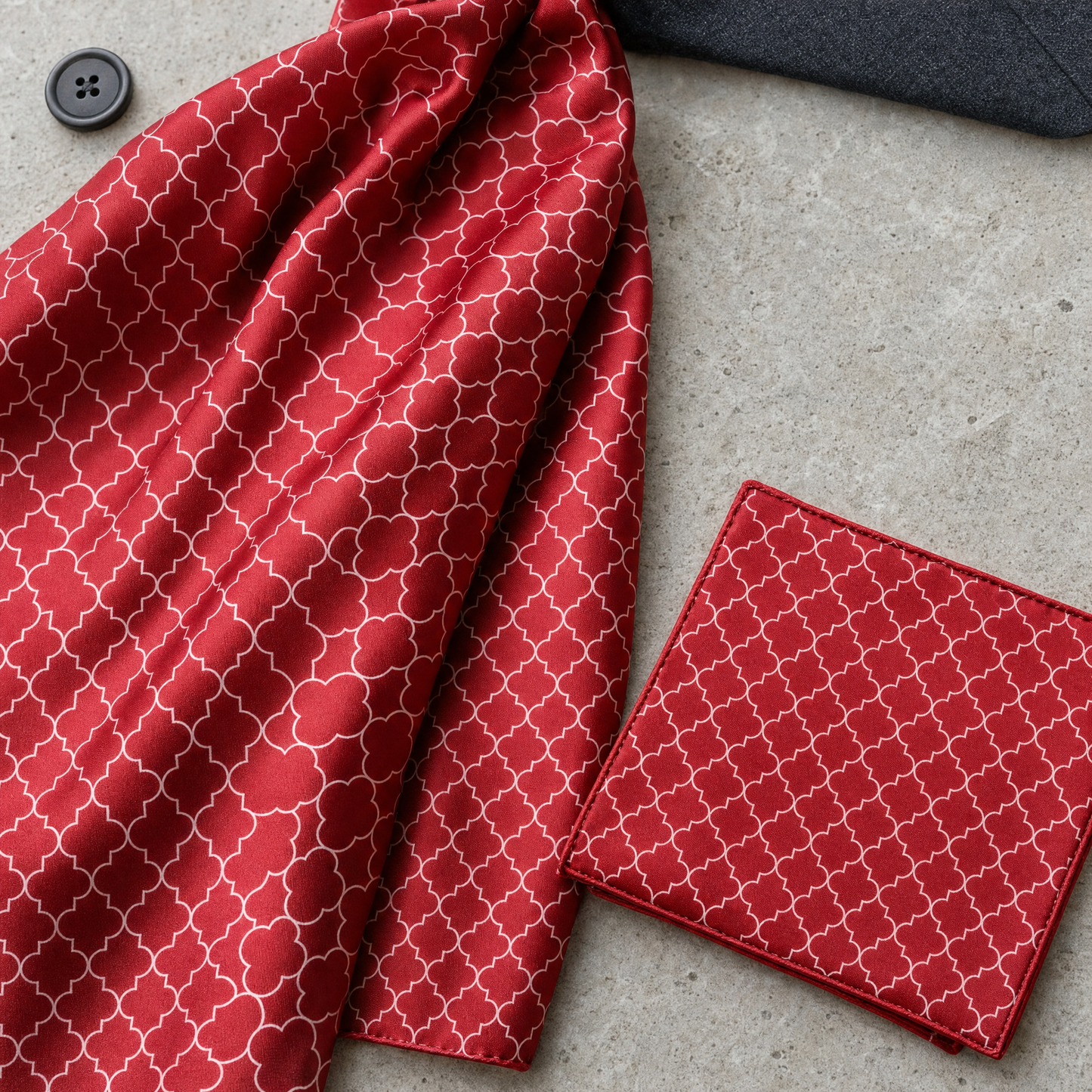 Red White Tartan Silk Scarf & Pocket Square Set — 100% silk scarf, draped detail