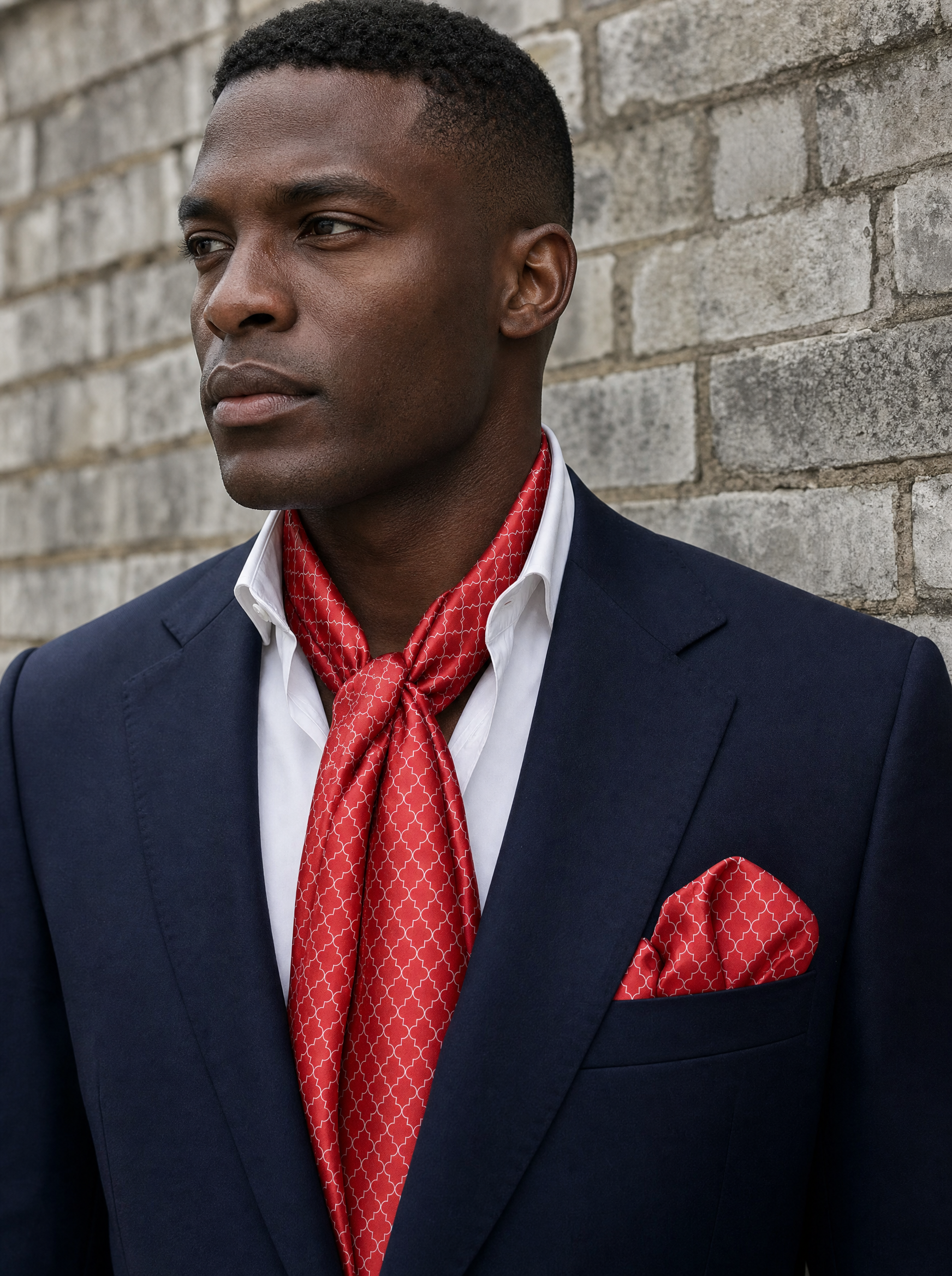 Red White Tartan Silk Scarf & Pocket Square Set worn by a model — men's scarf