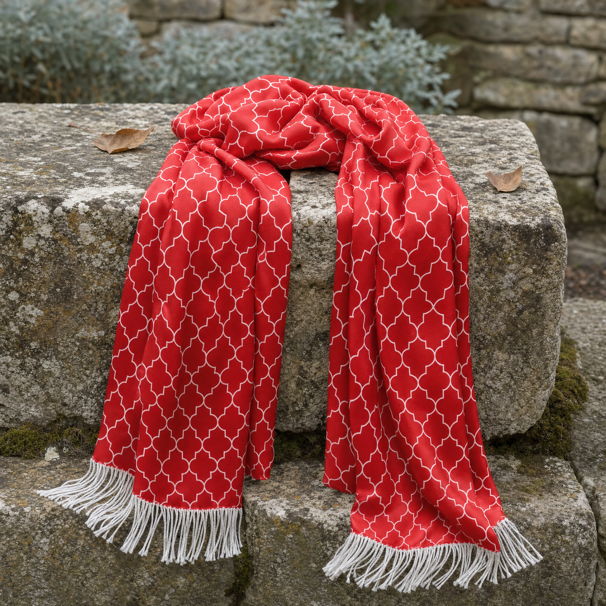 Red White Tartan Silk Scarf — 100% silk scarf, draped detail