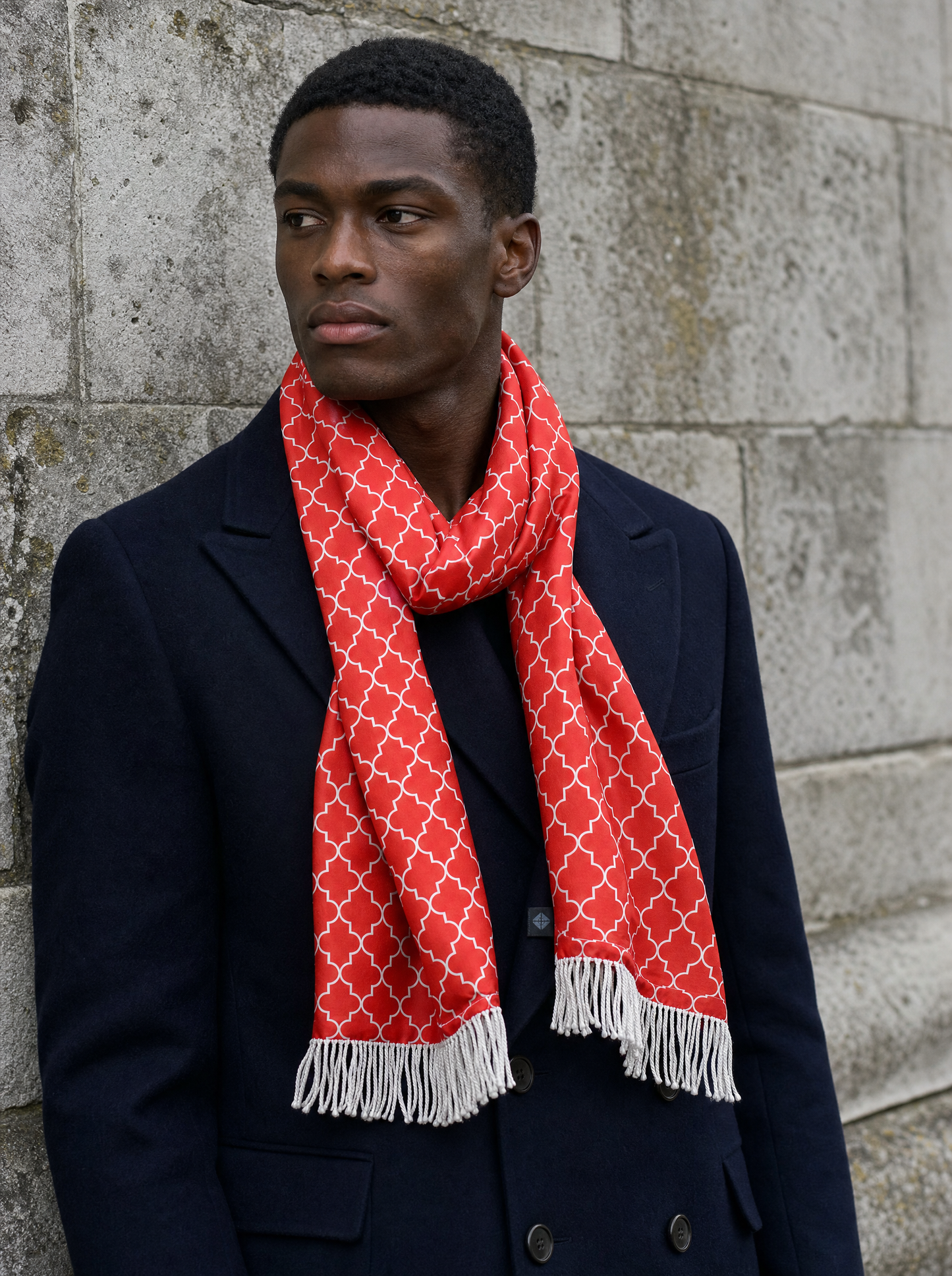 Red White Tartan Silk Scarf worn by a model — men's scarf