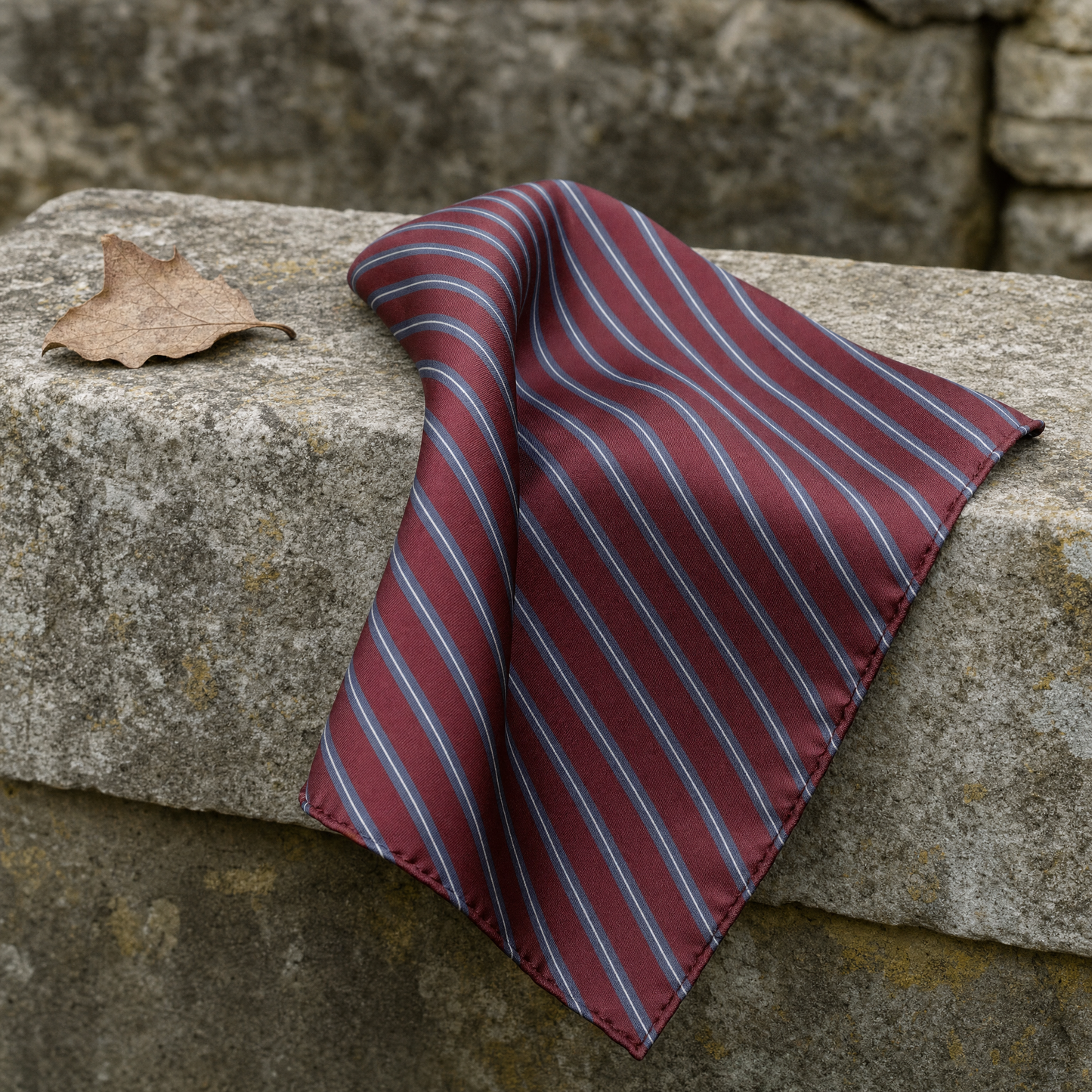 Regimental Maroon And Grey Silk Pocket Square — 100% silk pocket square, draped detail