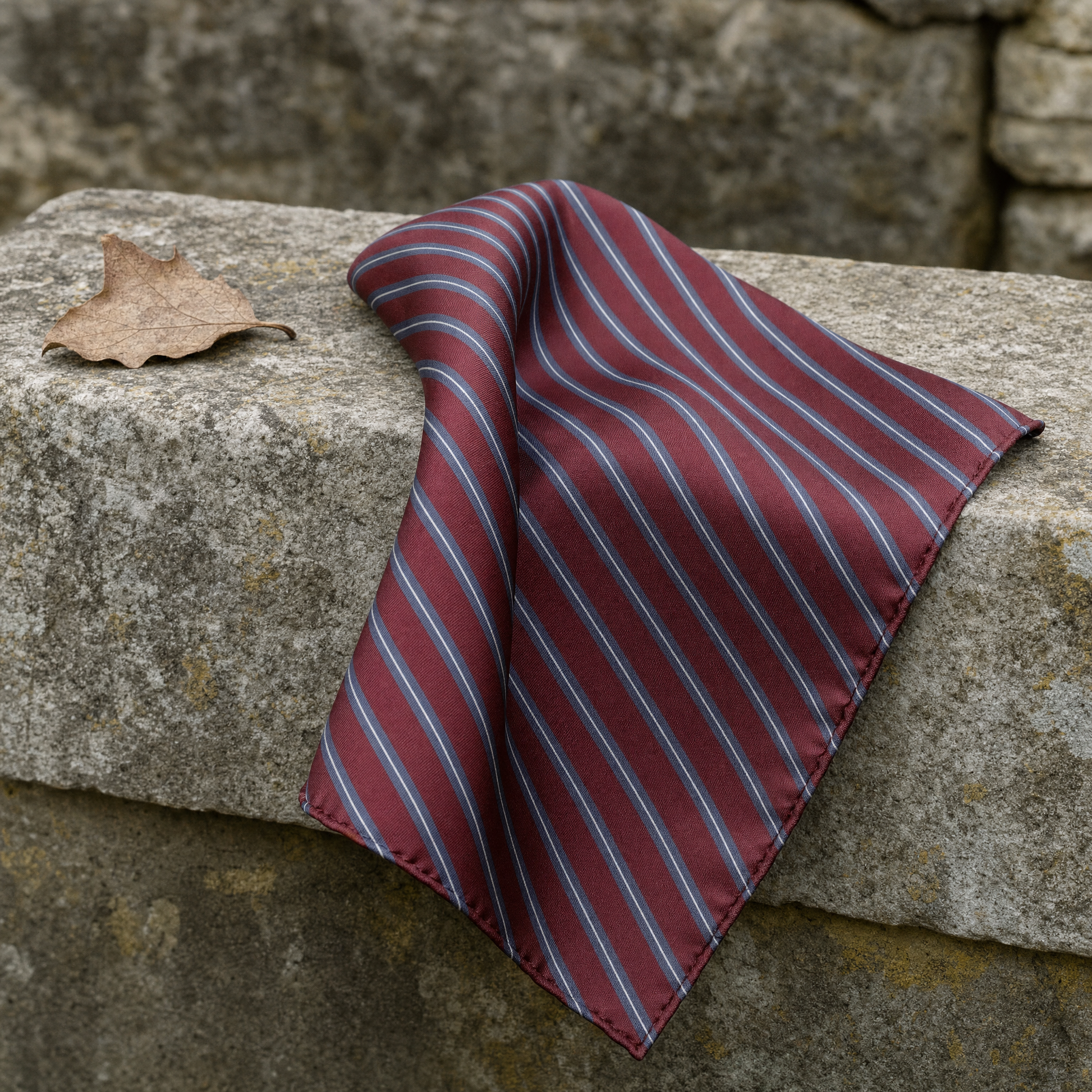 Regimental Maroon And Grey Silk Pocket Square — 100% silk pocket square, draped detail