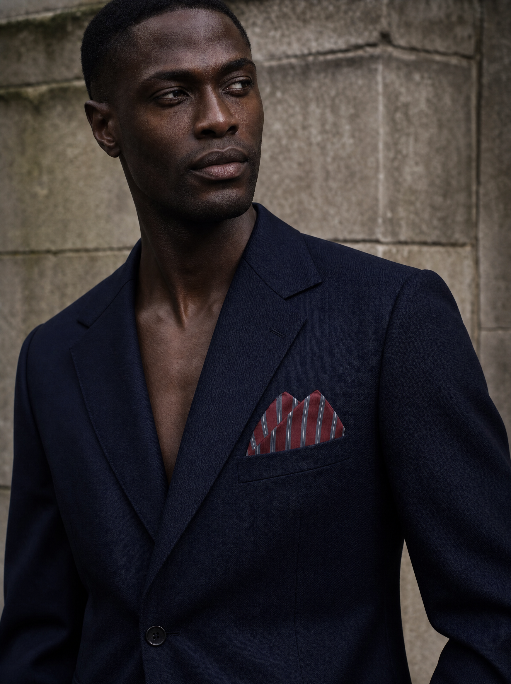Regimental Maroon And Grey Silk Pocket Square folded in a suit breast pocket — men's silk pocket square