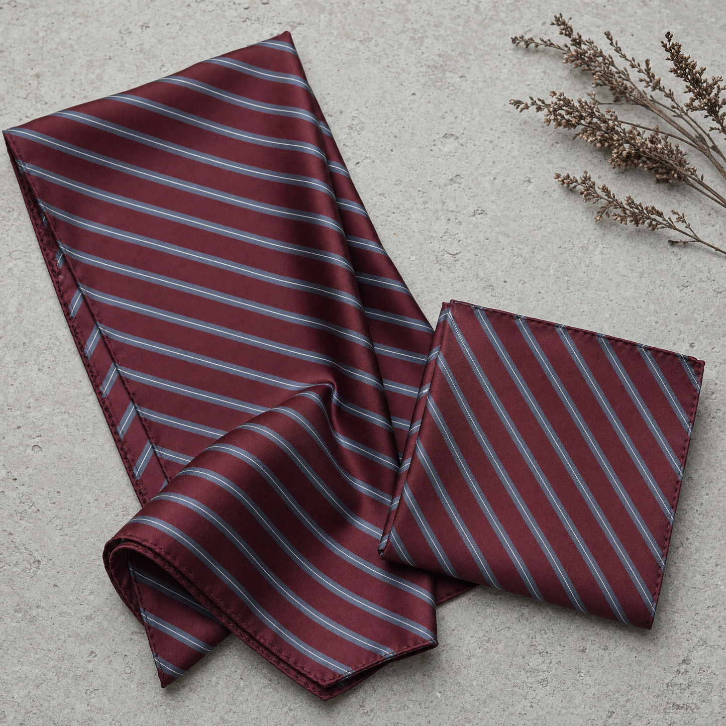 Regimental Maroon And Grey Silk Scarf & Pocket Square Set — 100% silk scarf, draped detail