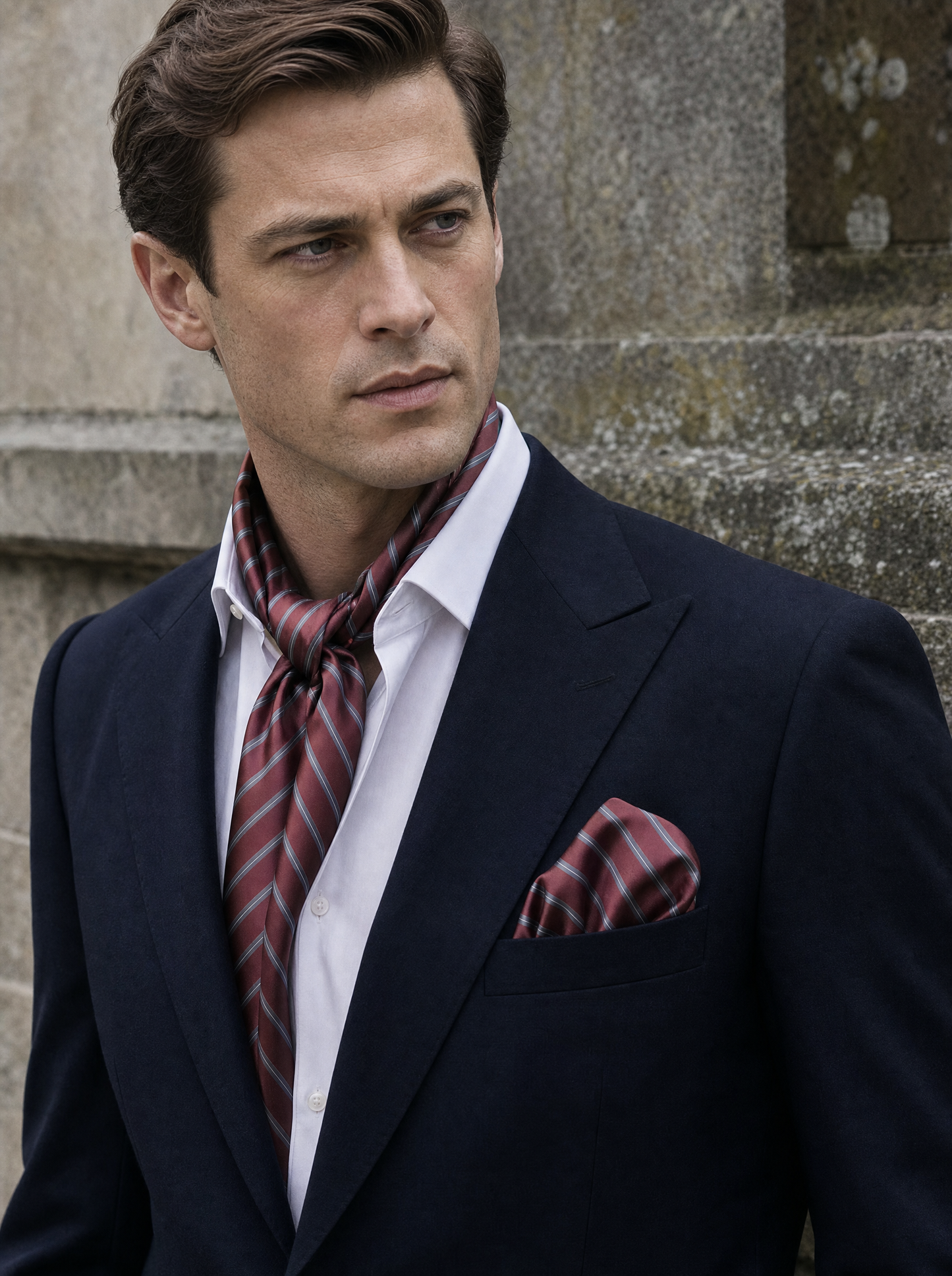 Regimental Maroon And Grey Silk Scarf & Pocket Square Set worn by a model — men's scarf