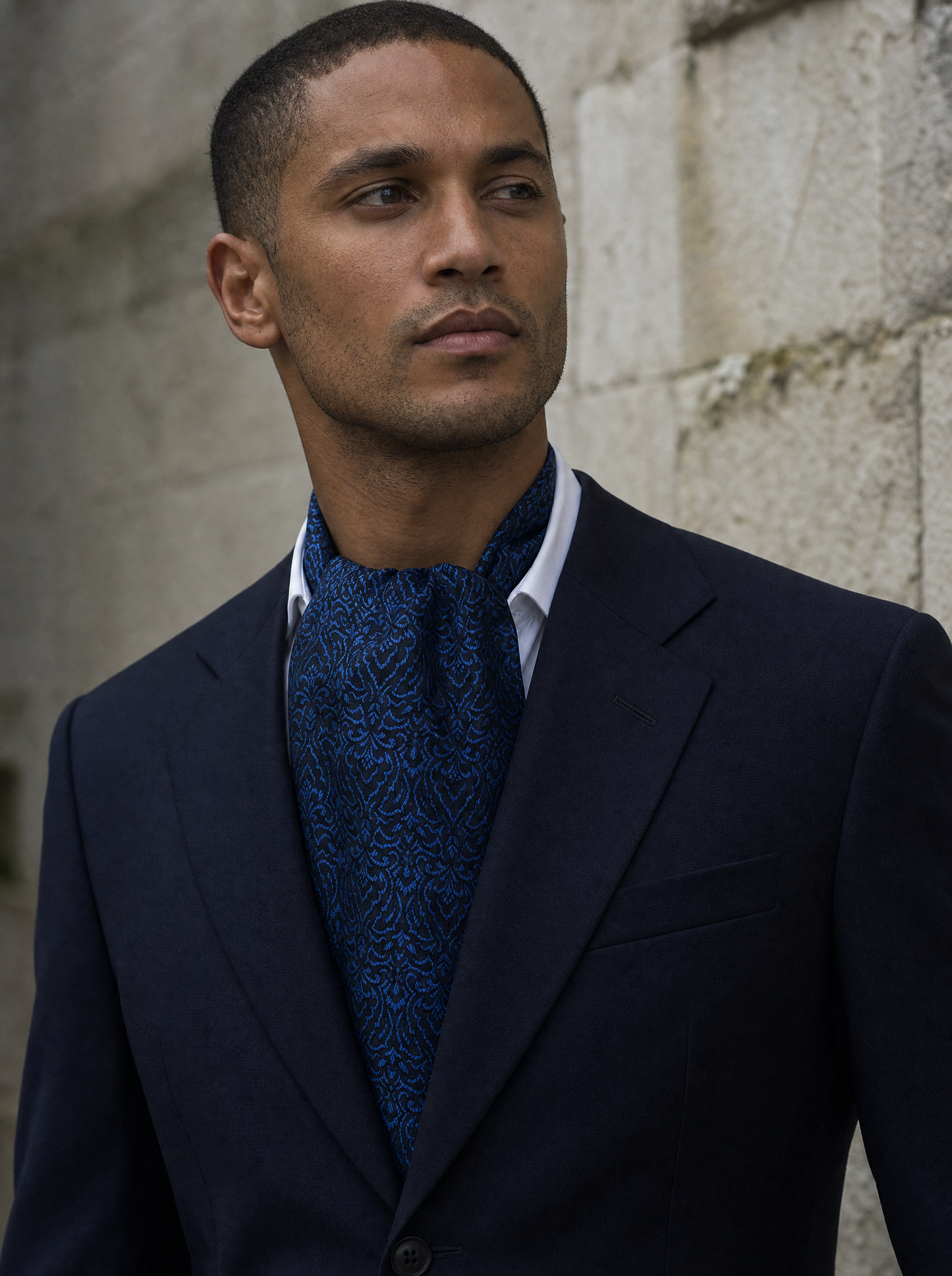 Royal Blue Festive Cravat worn by a model — men's cravat