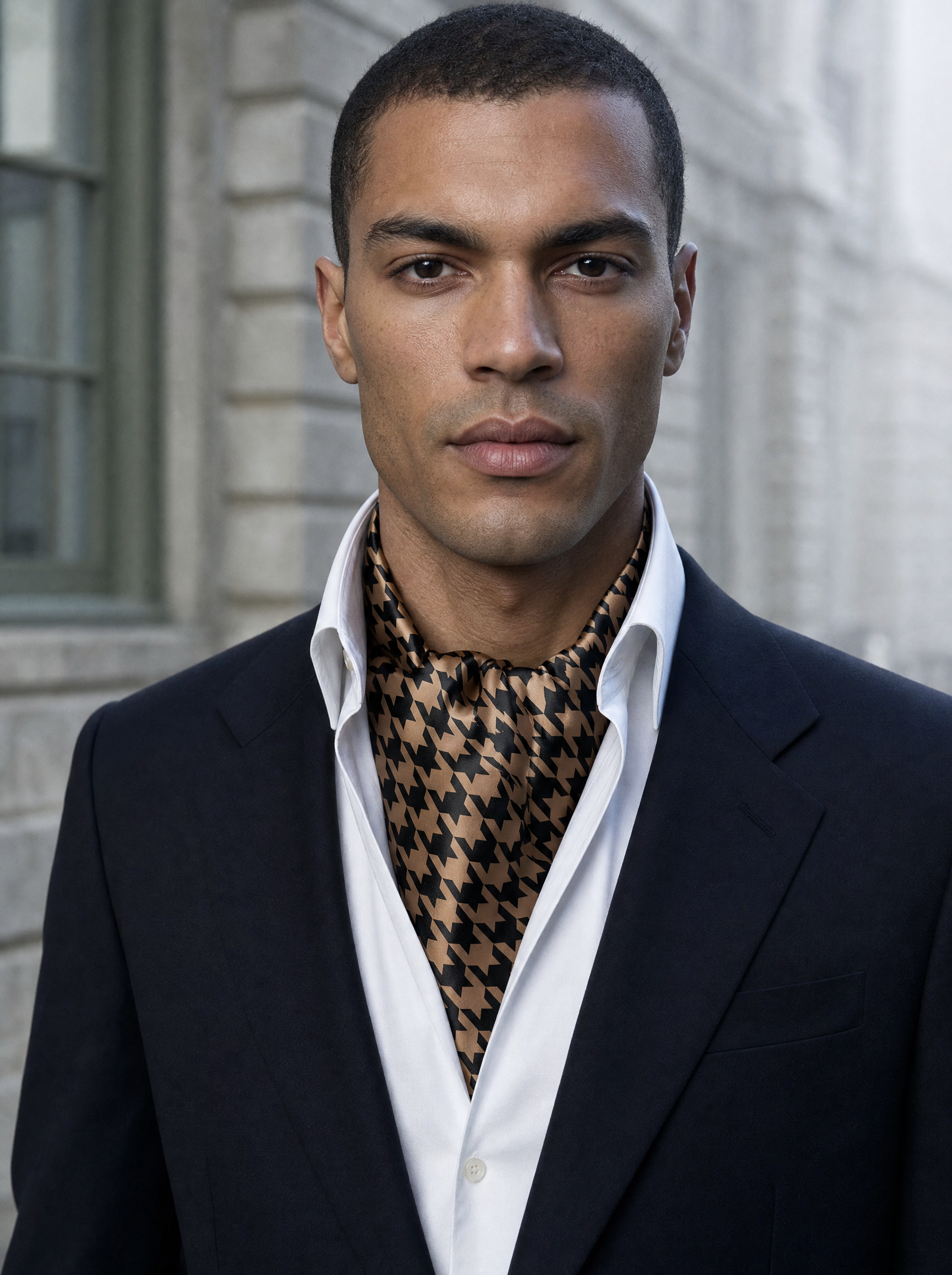 Royal Houndstooth Silk Cravat worn by a model — men's cravat