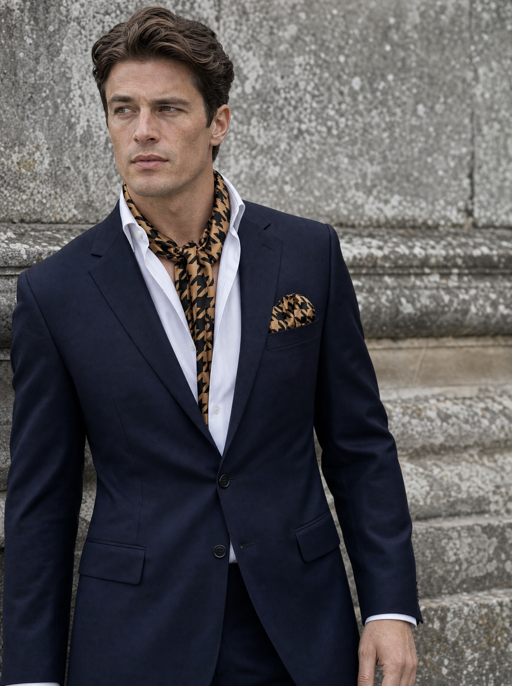 Royal Houndstooth Silk Scarf & Pocket Square Set worn by a model — men's scarf