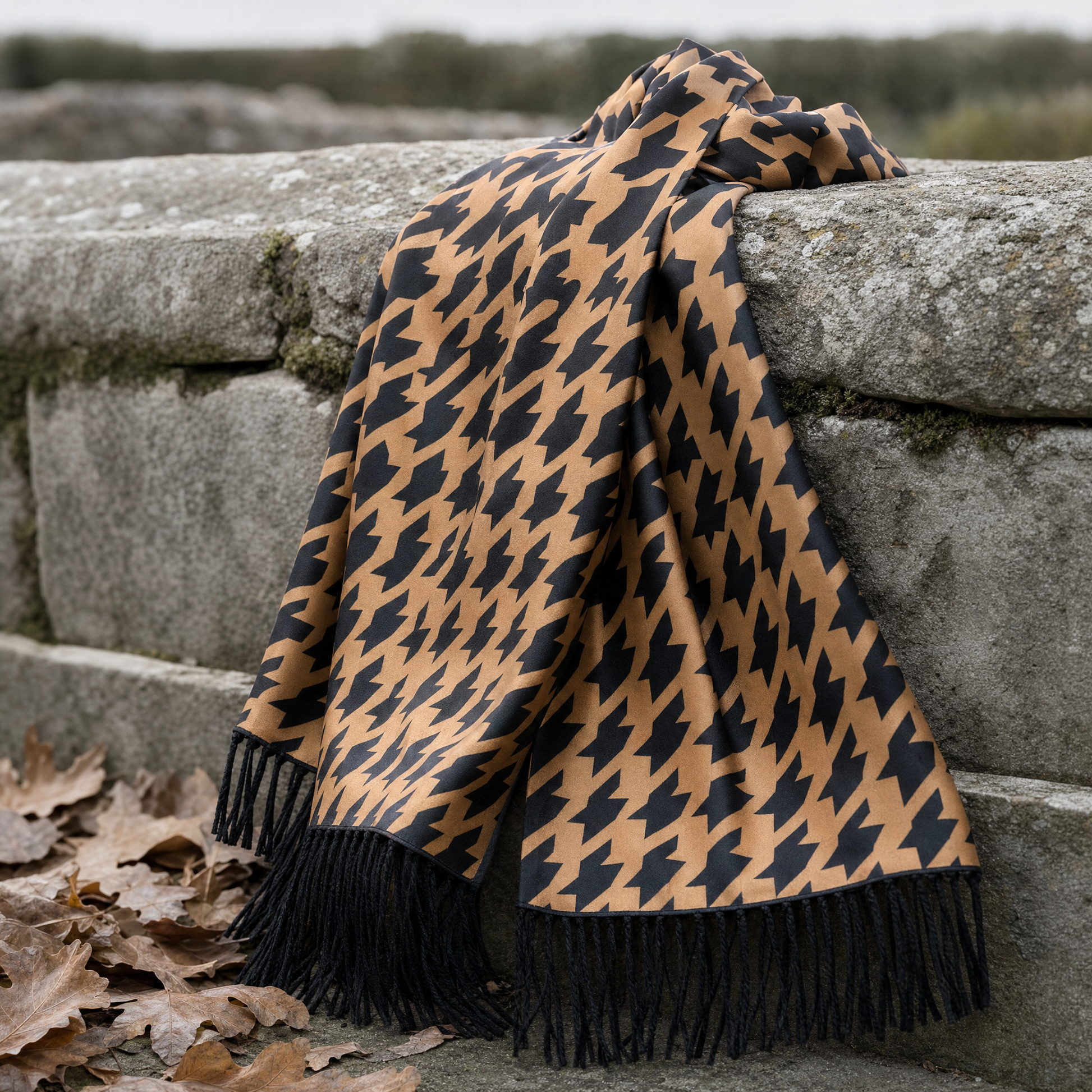 Royal Houndstooth Silk Scarf — 100% silk scarf, draped detail