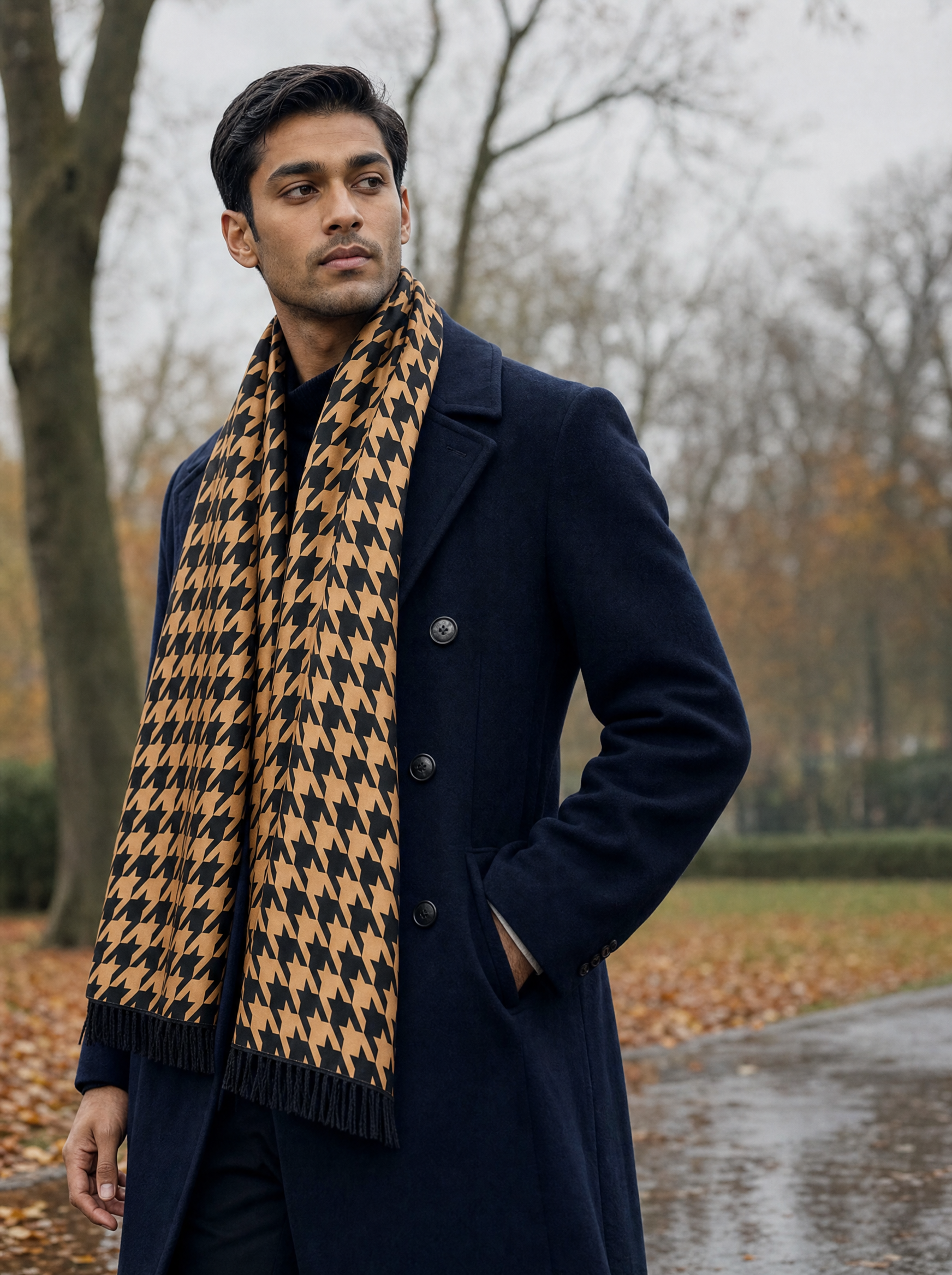 Royal Houndstooth Silk Scarf worn by a model — men's scarf