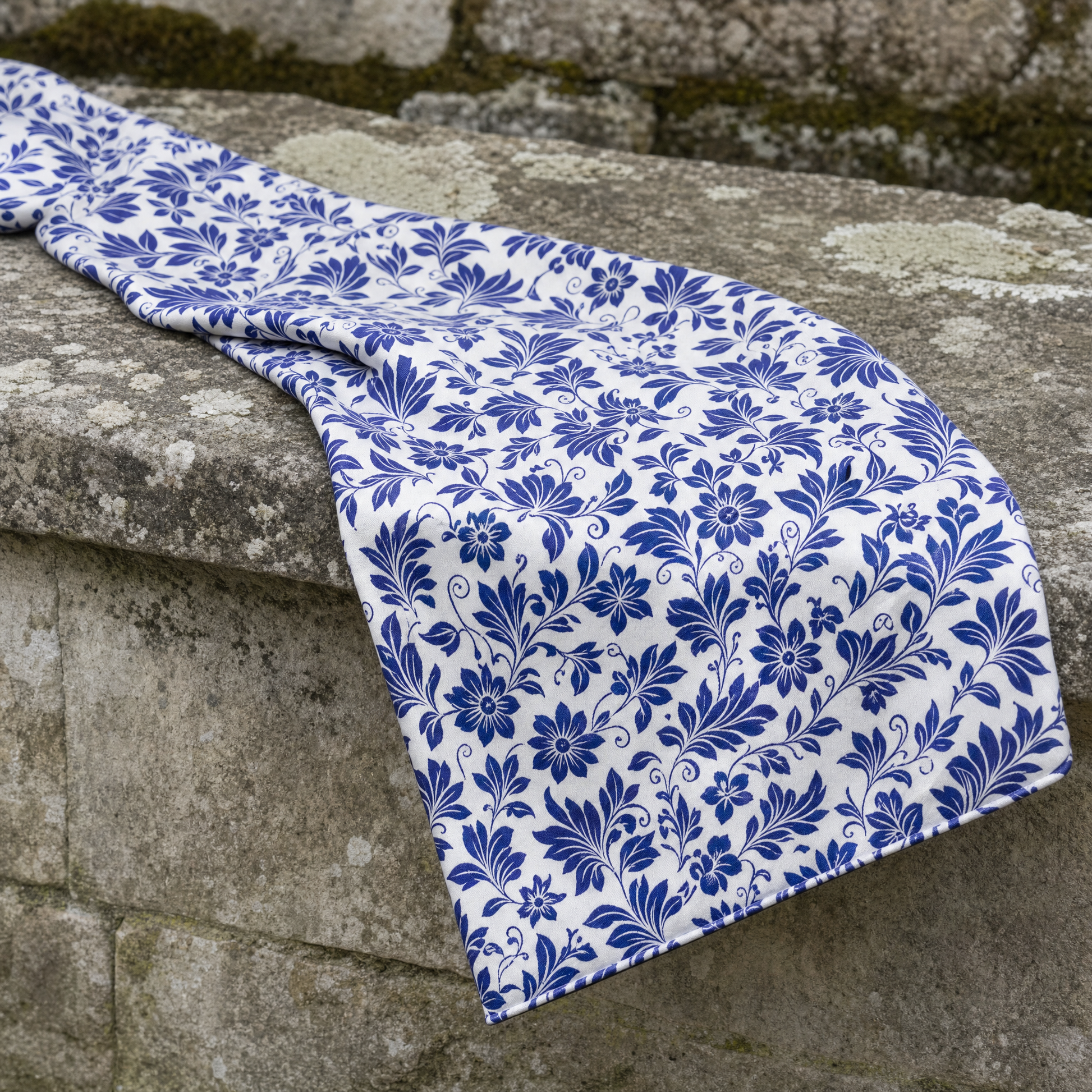 Sapphire Blossom Silk Cravat — 100% silk cravat, draped detail