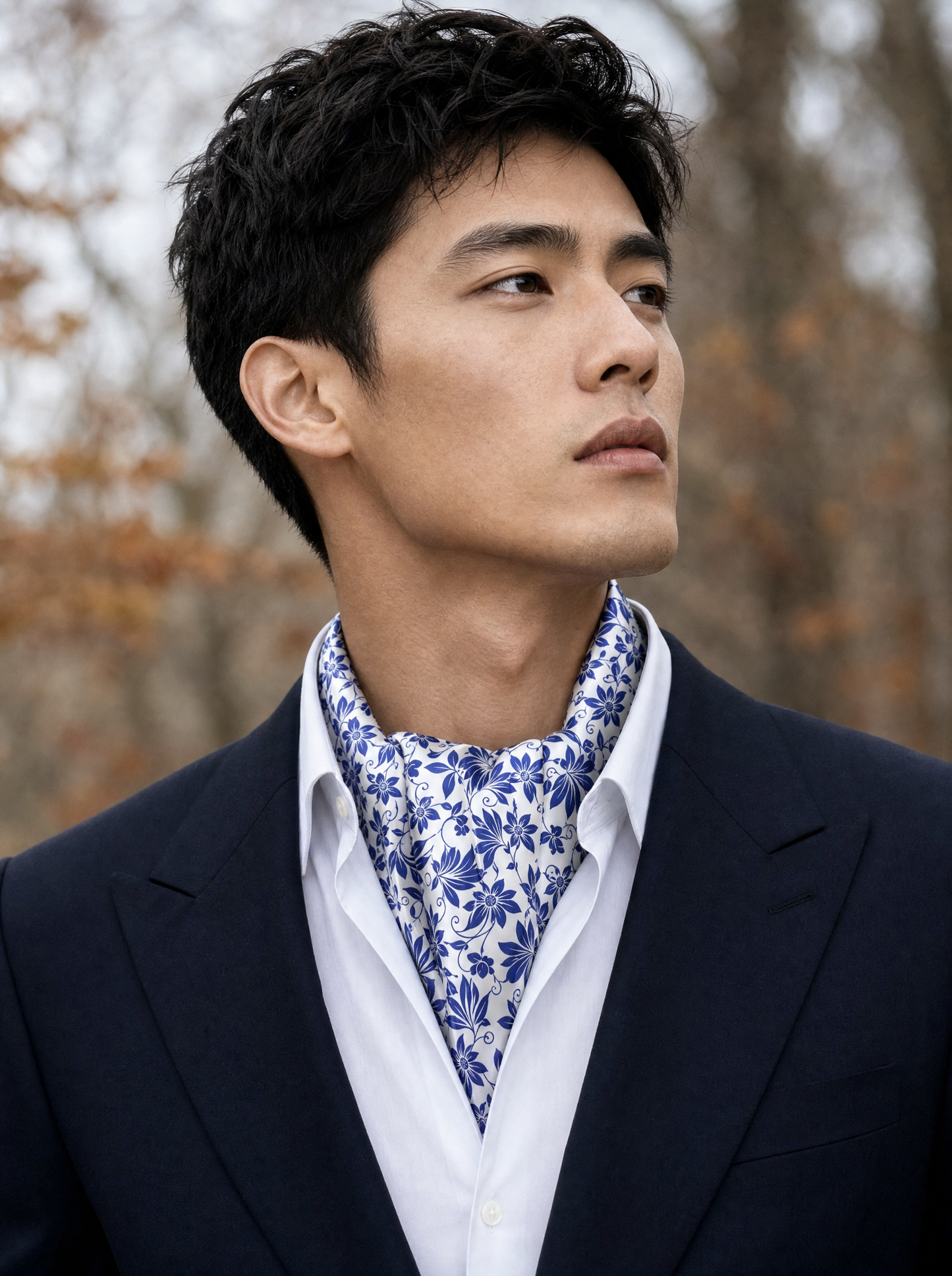 Sapphire Blossom Silk Cravat worn by a model — men's cravat