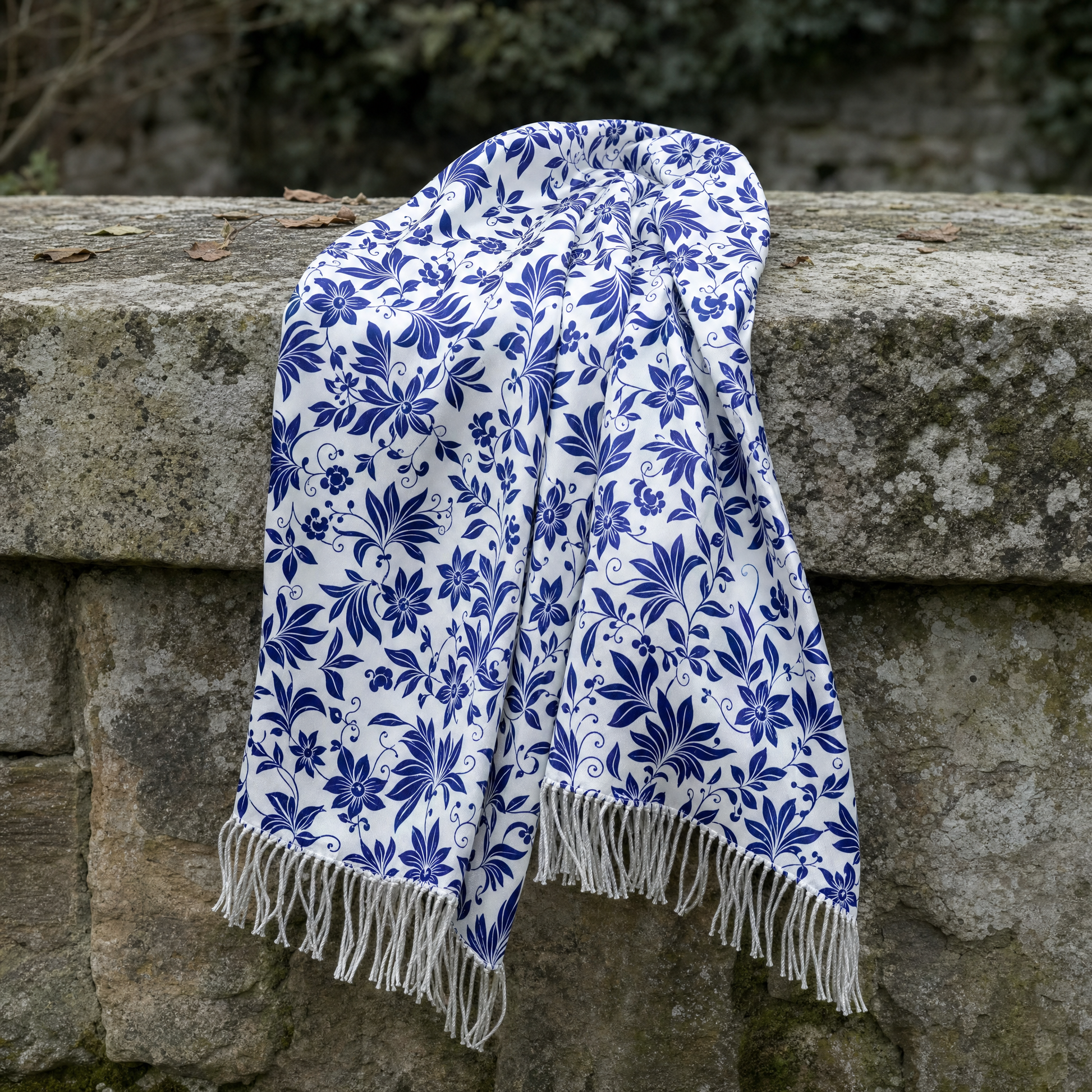 Sapphire Blossom Silk Scarf — 100% silk scarf, draped detail