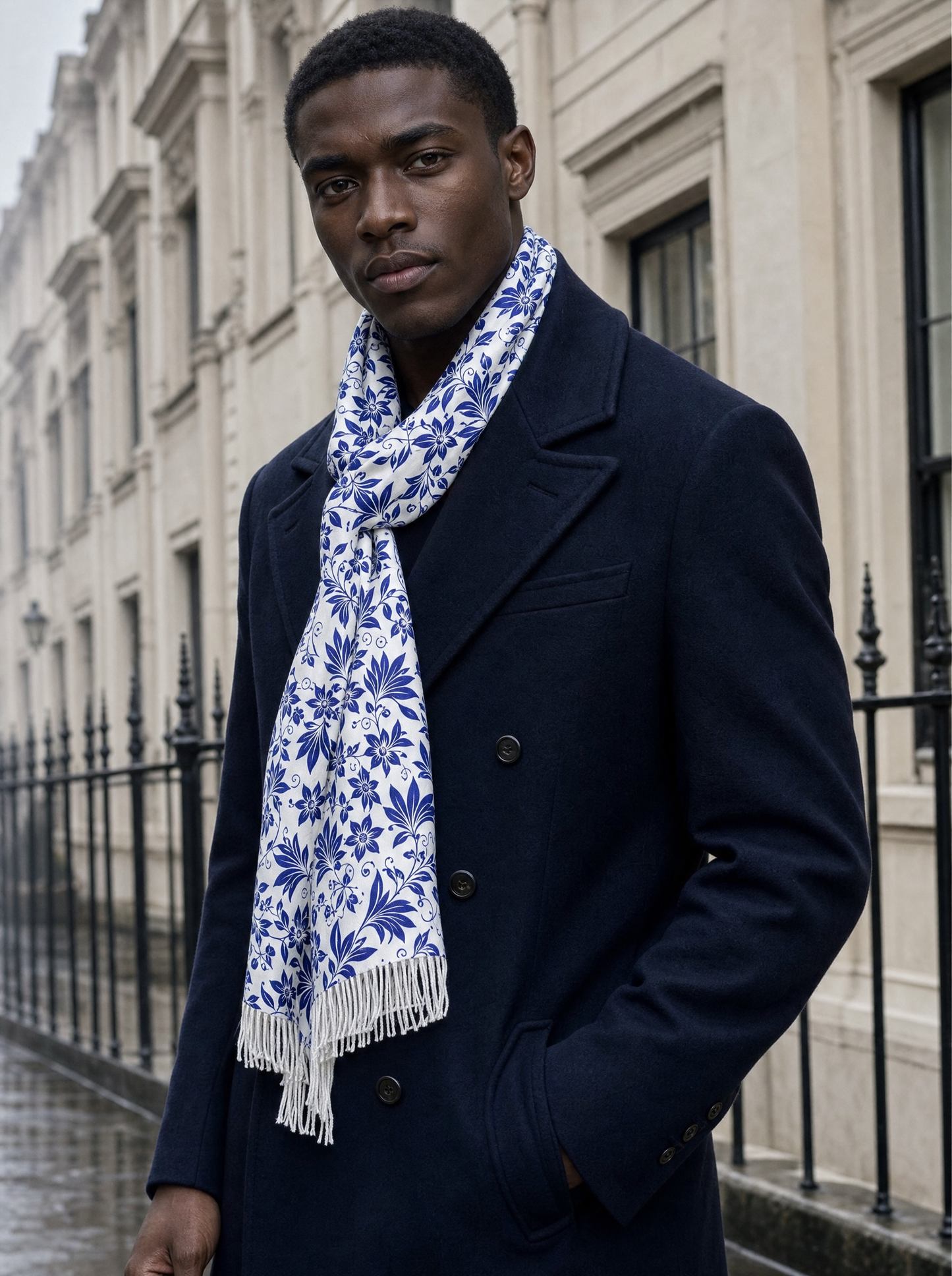 Sapphire Blossom Silk Scarf worn by a model — men's scarf