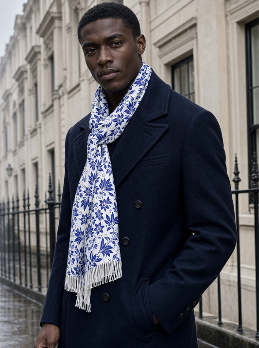 Sapphire Blossom Silk Scarf worn by a model — men's scarf