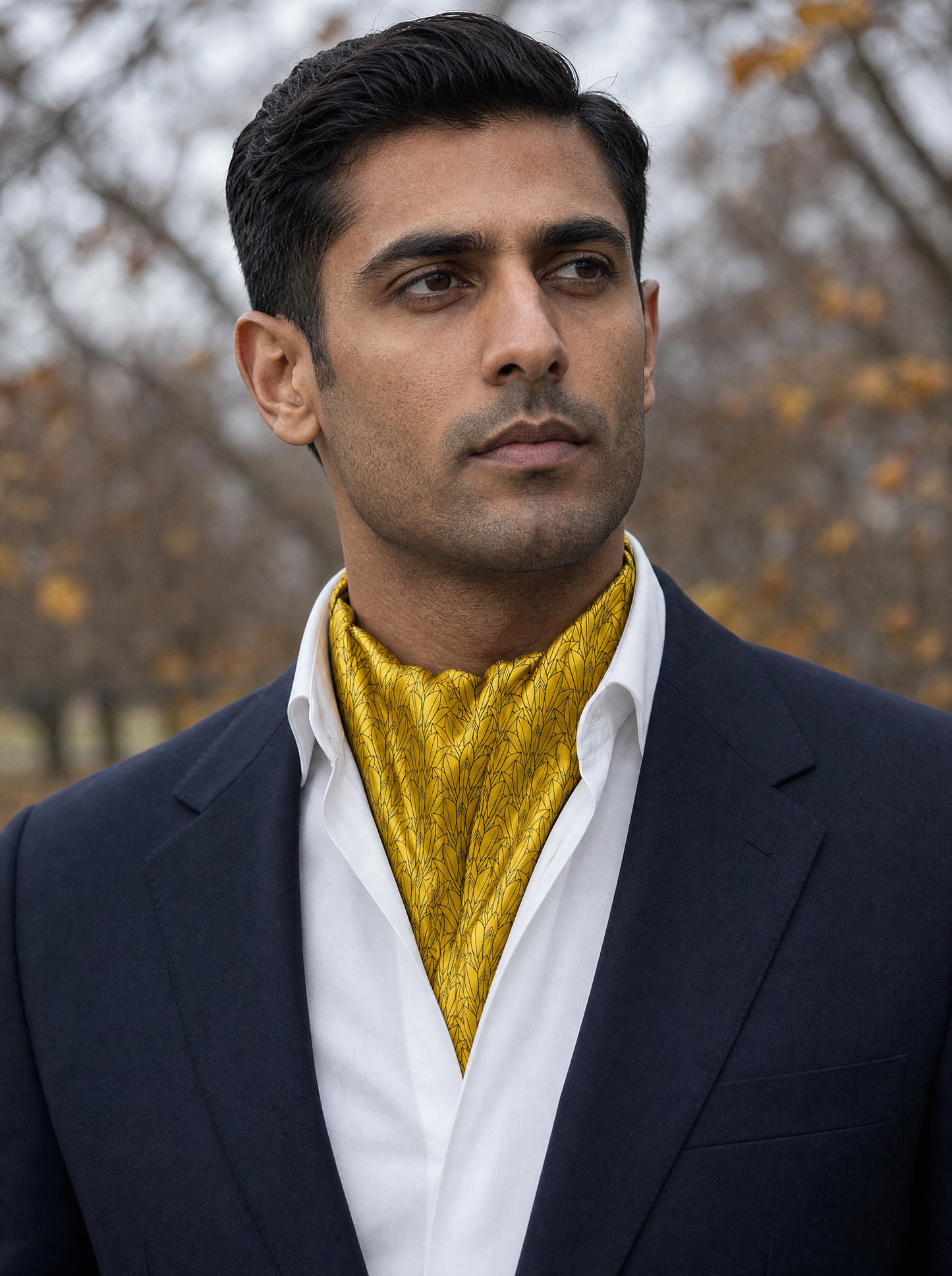 Sunny Foliage Silk Cravat worn by a model — men's cravat
