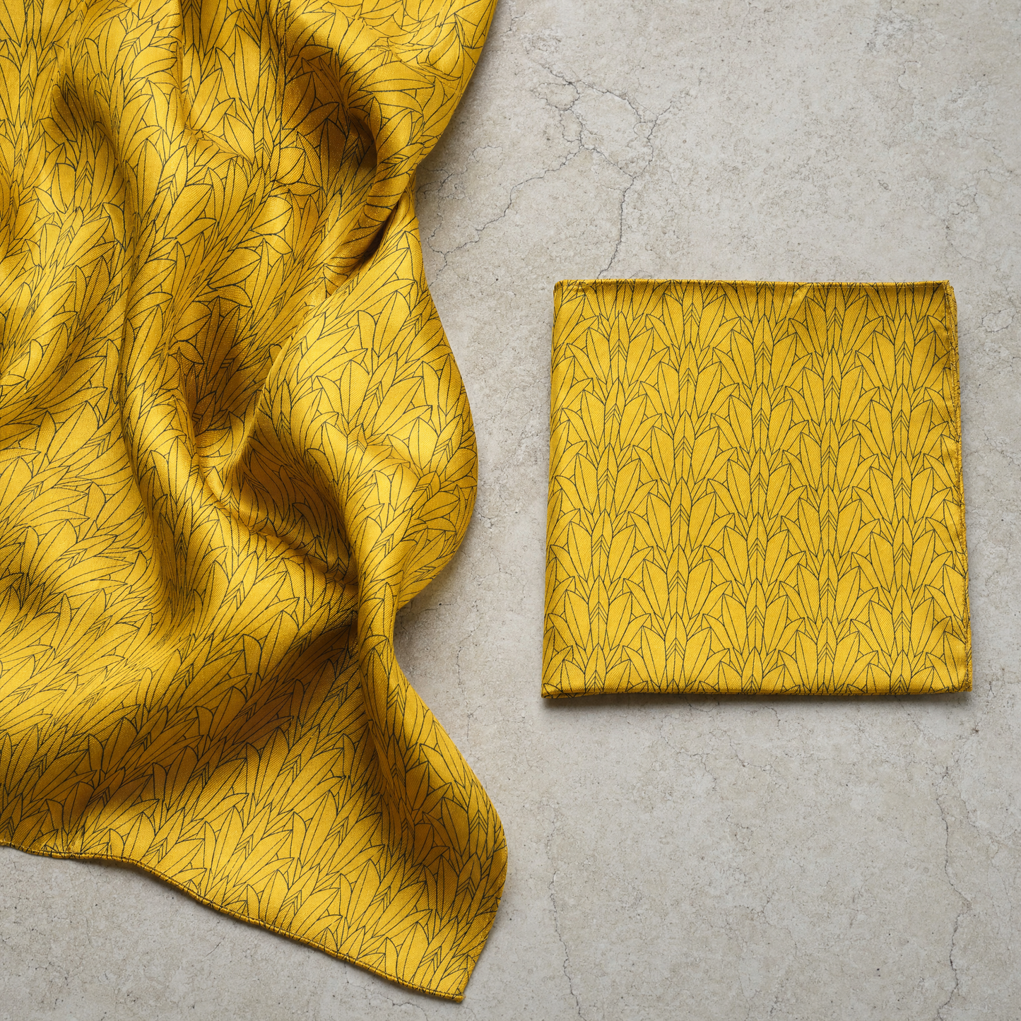 Sunny Foliage Silk Scarf & Pocket Square Set — 100% silk scarf, draped detail