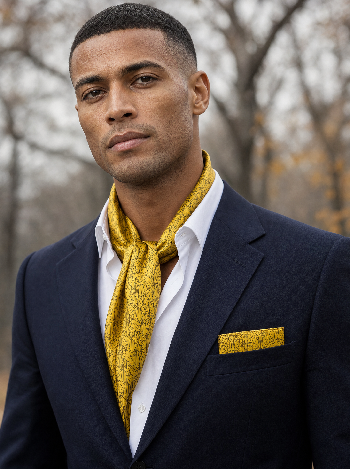 Sunny Foliage Silk Scarf & Pocket Square Set worn by a model — men's scarf