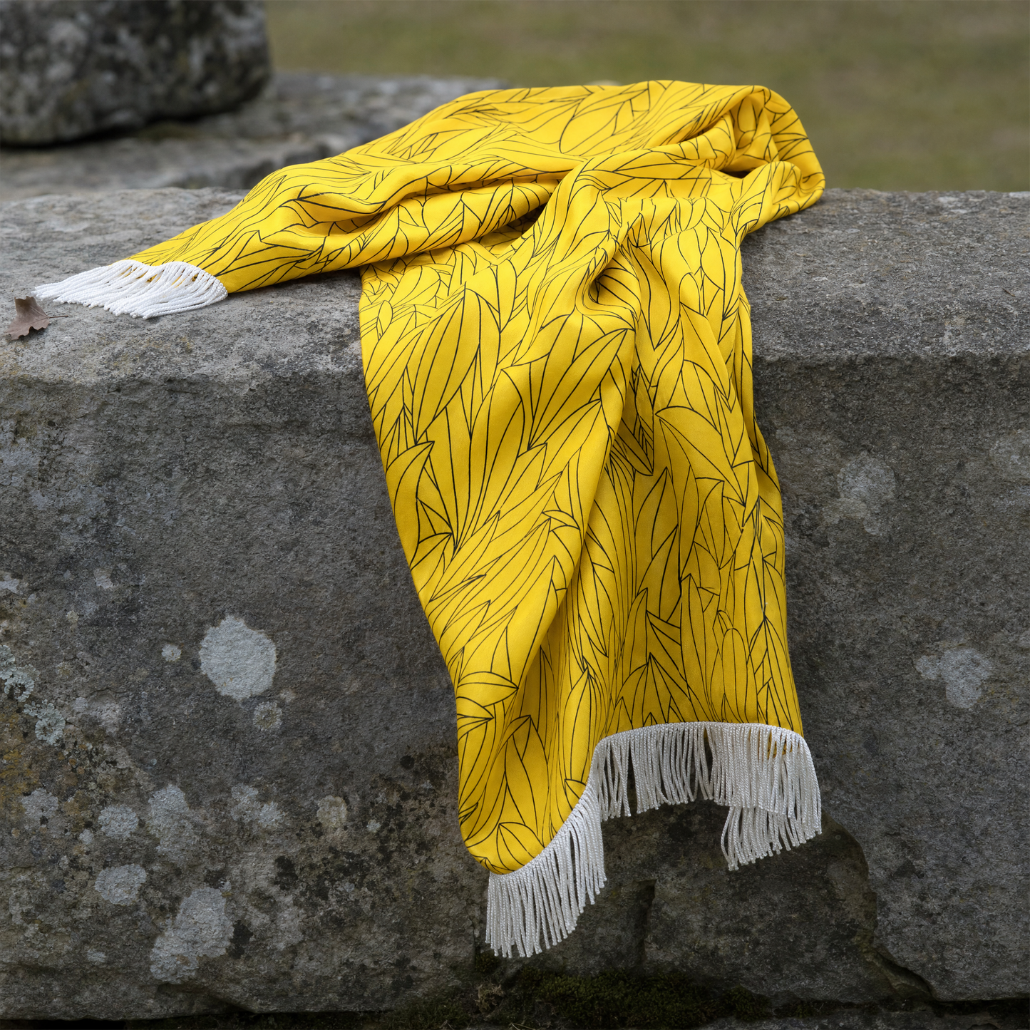 Sunny Foliage Silk Scarf — 100% silk scarf, draped detail