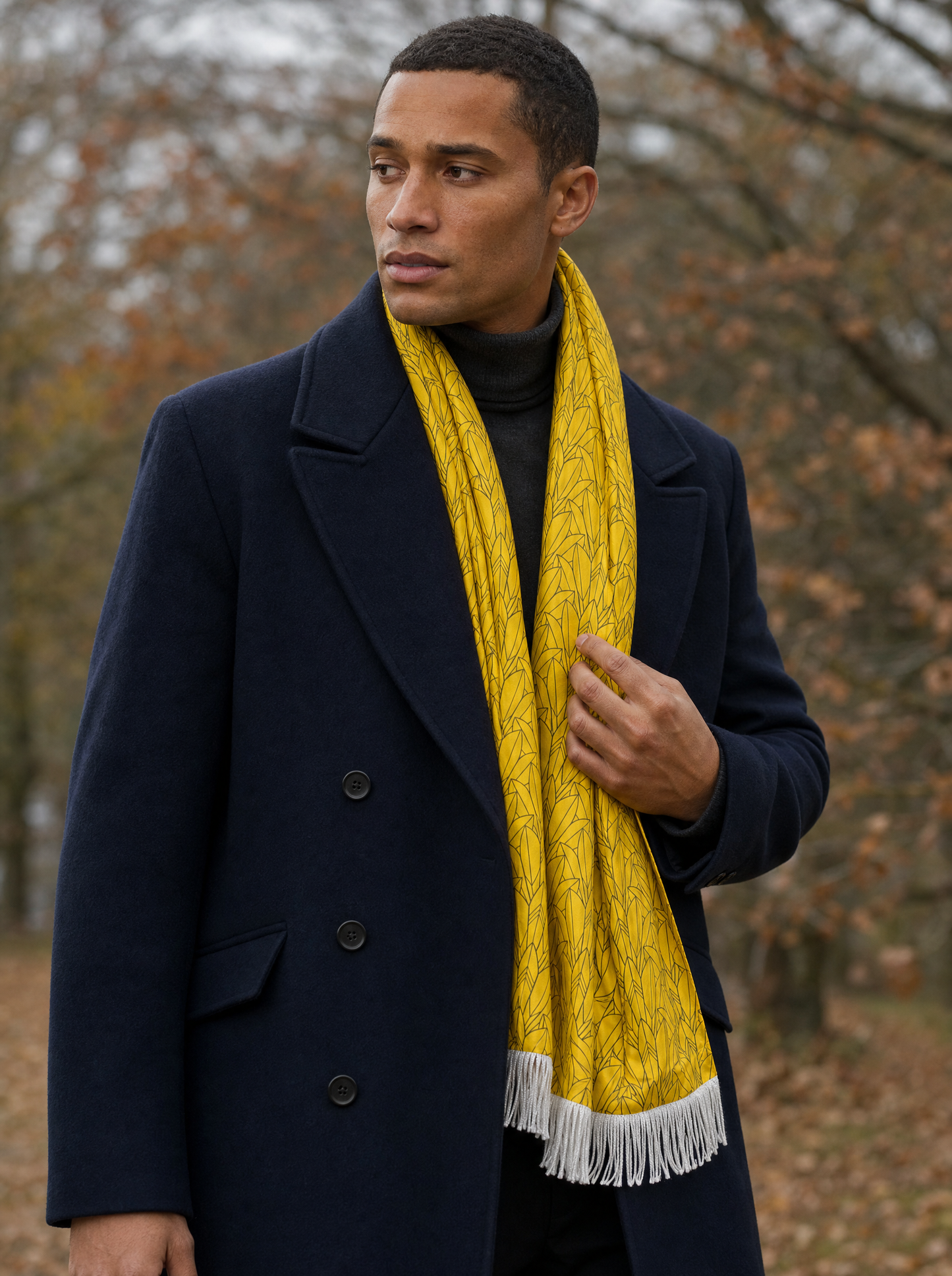 Sunny Foliage Silk Scarf worn by a model — men's scarf