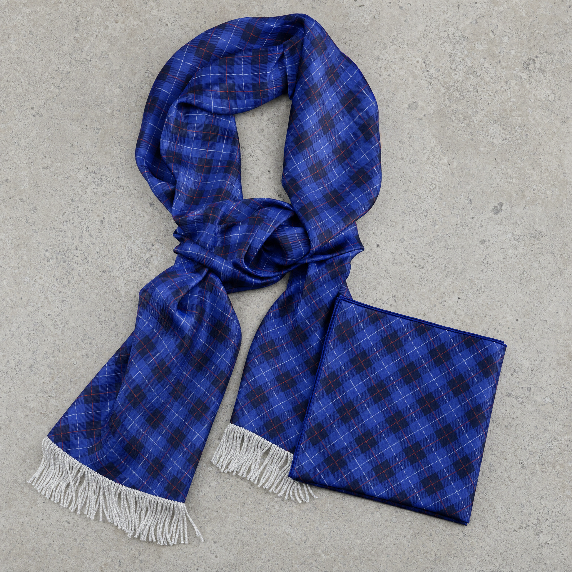 The Blue Plaid Silk Scarf & Pocket Square Set — 100% silk scarf, draped detail