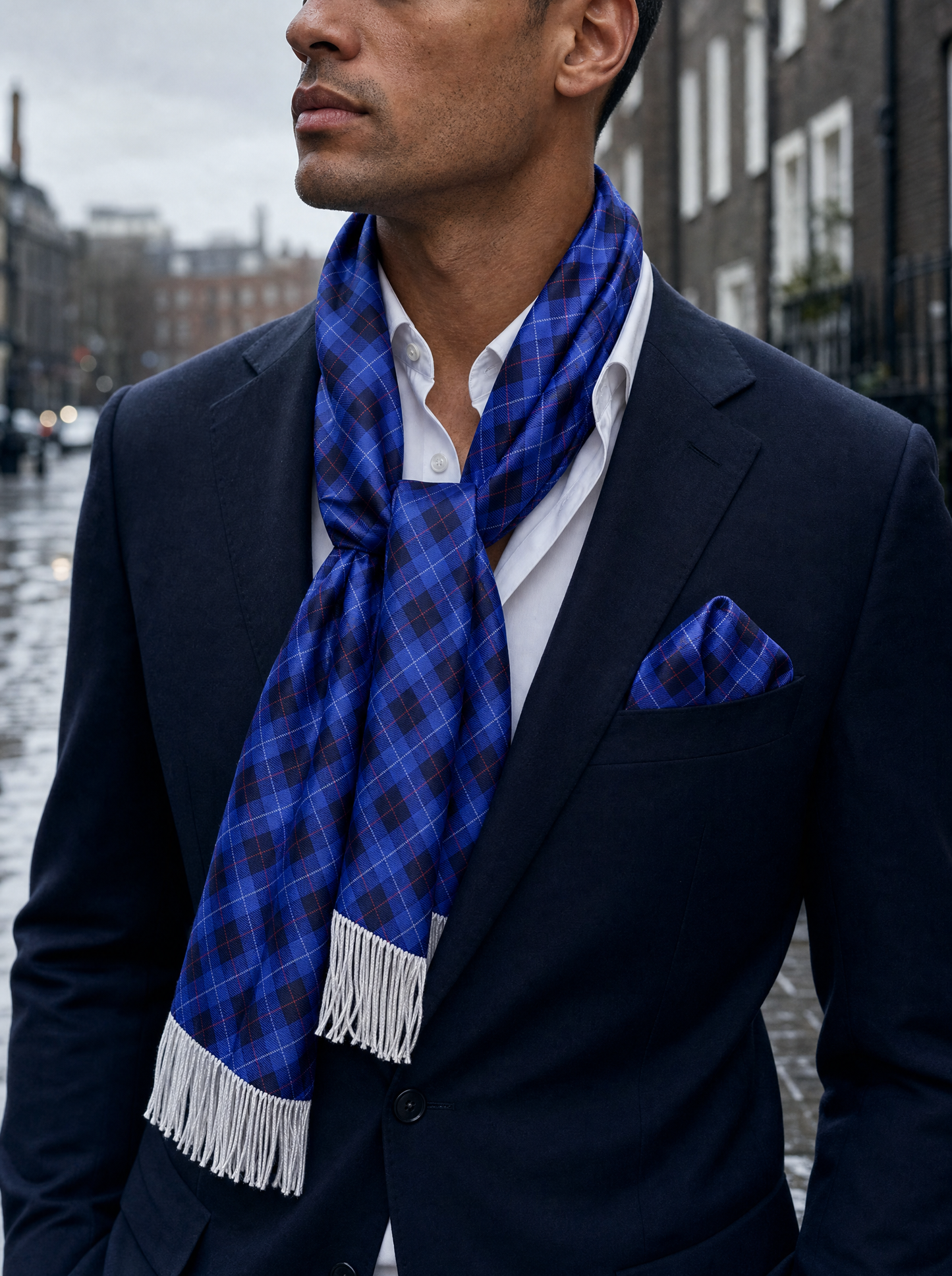 The Blue Plaid Silk Scarf & Pocket Square Set worn by a model — men's scarf