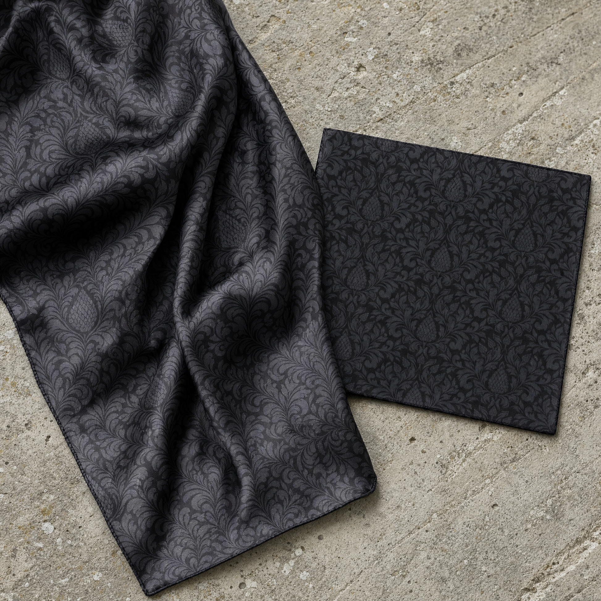 The Dark Vintage Silk Scarf & Pocket Square Set — 100% silk scarf, draped detail