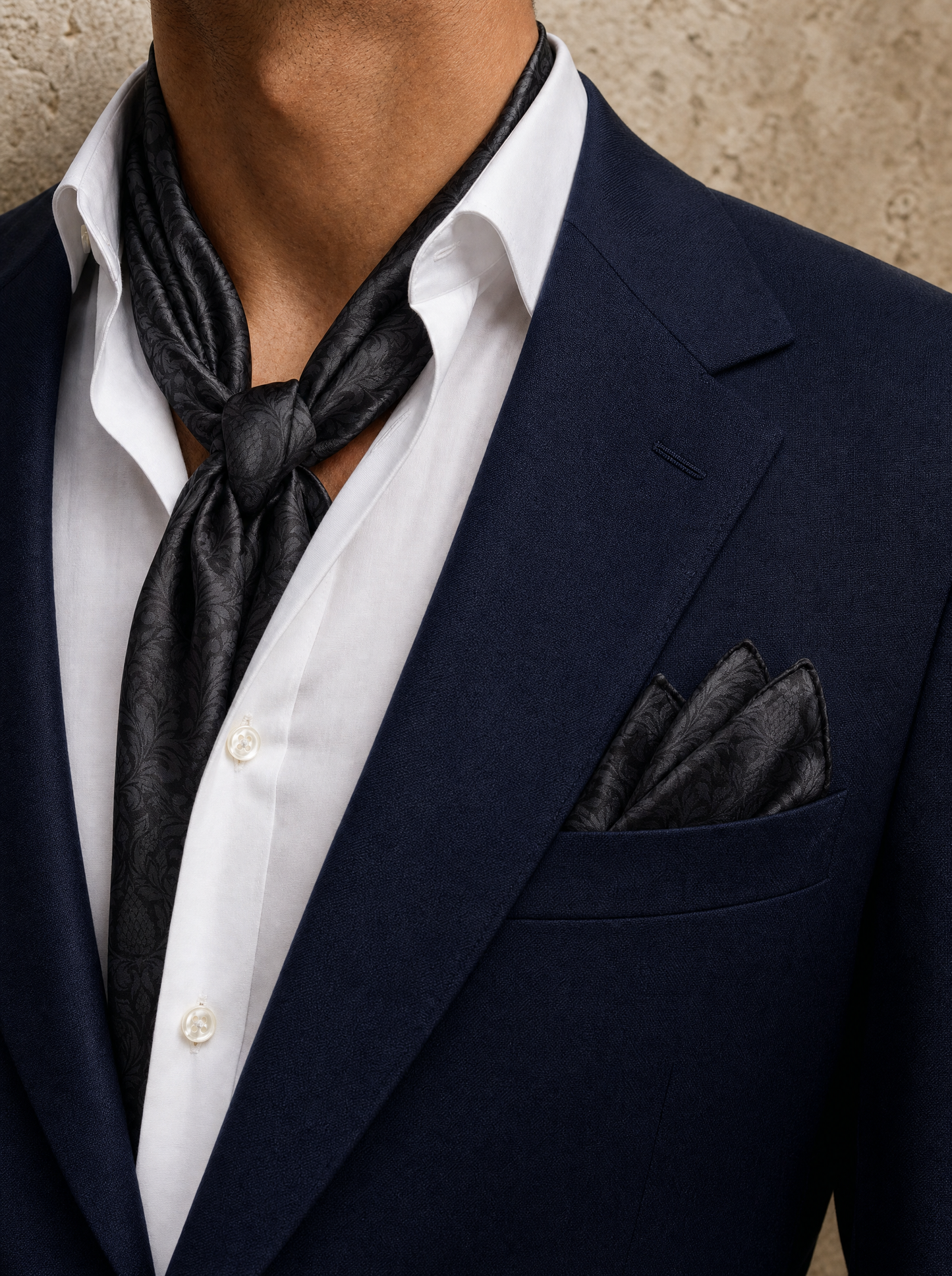 The Dark Vintage Silk Scarf & Pocket Square Set worn by a model — men's scarf