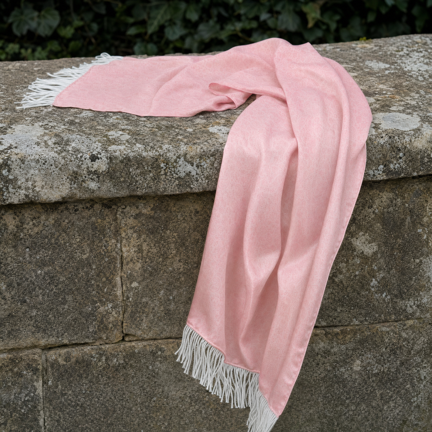 The Festive Pink Silk Scarf — 100% silk scarf, draped detail