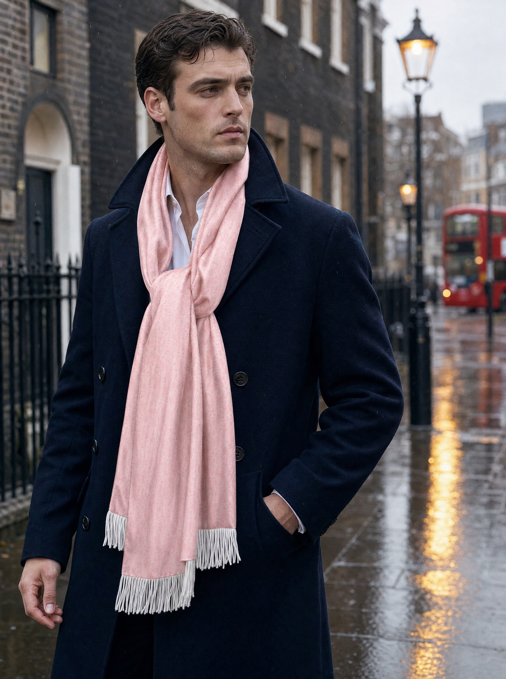 The Festive Pink Silk Scarf worn by a model — men's scarf