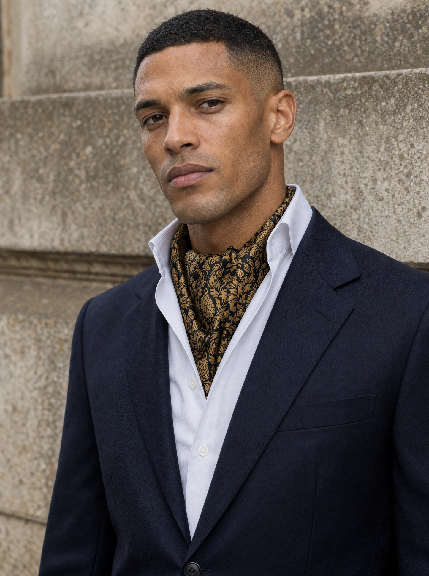 The Gold Vintage Silk Cravat worn by a model — men's cravat