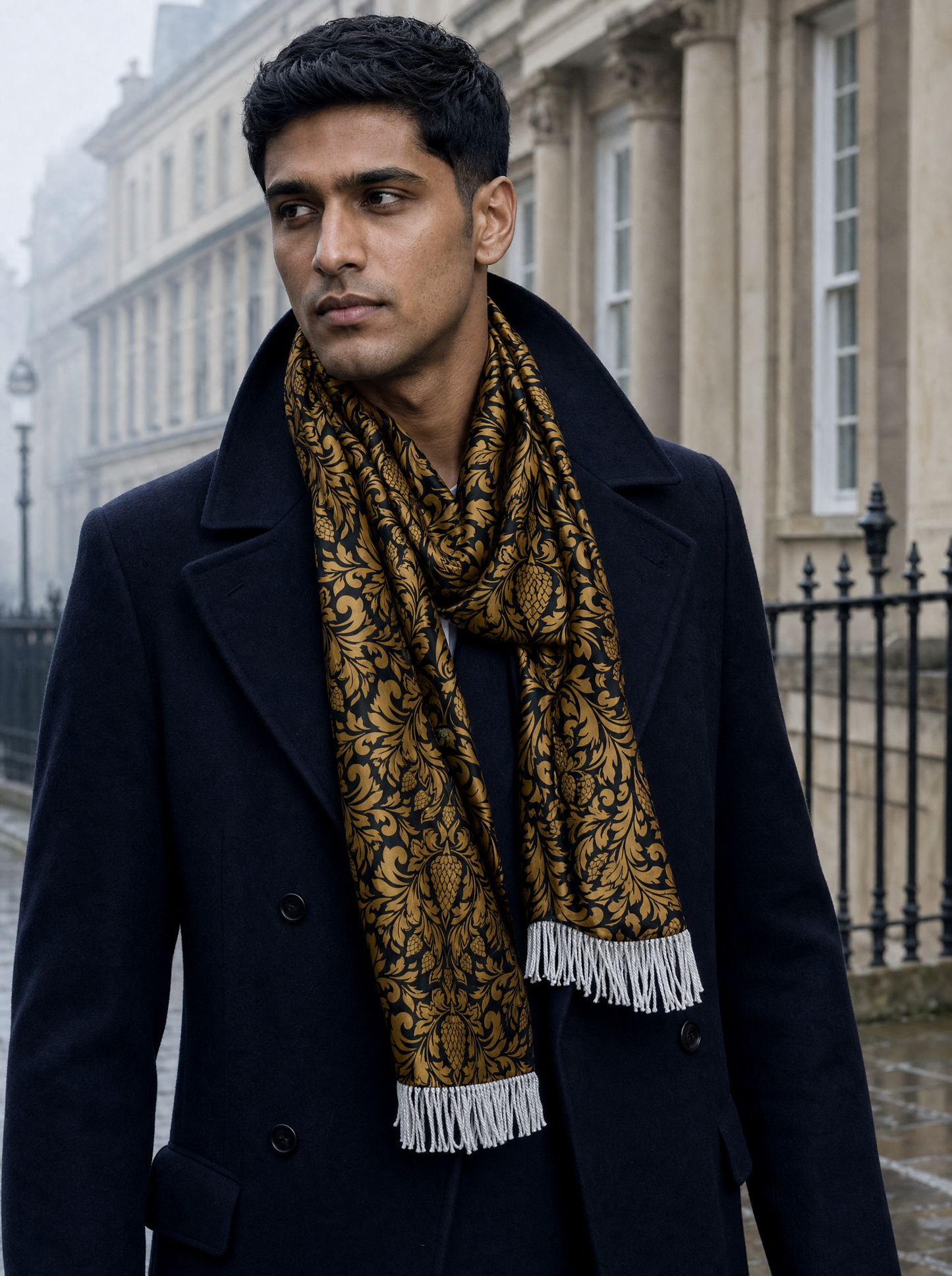 The Gold Vintage Silk Scarf worn by a model — men's scarf