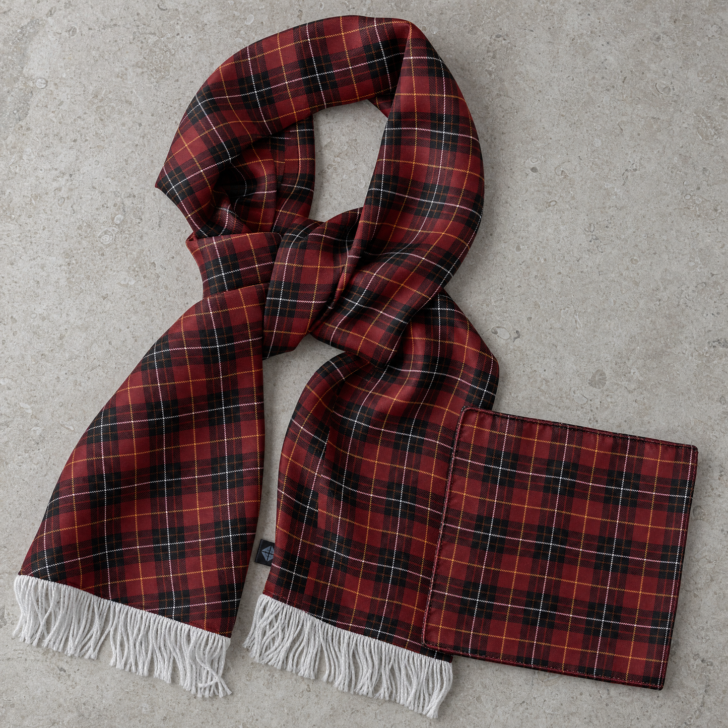 The Maroon Classic Plaid Silk Scarf & Pocket Square Set — 100% silk scarf, draped detail