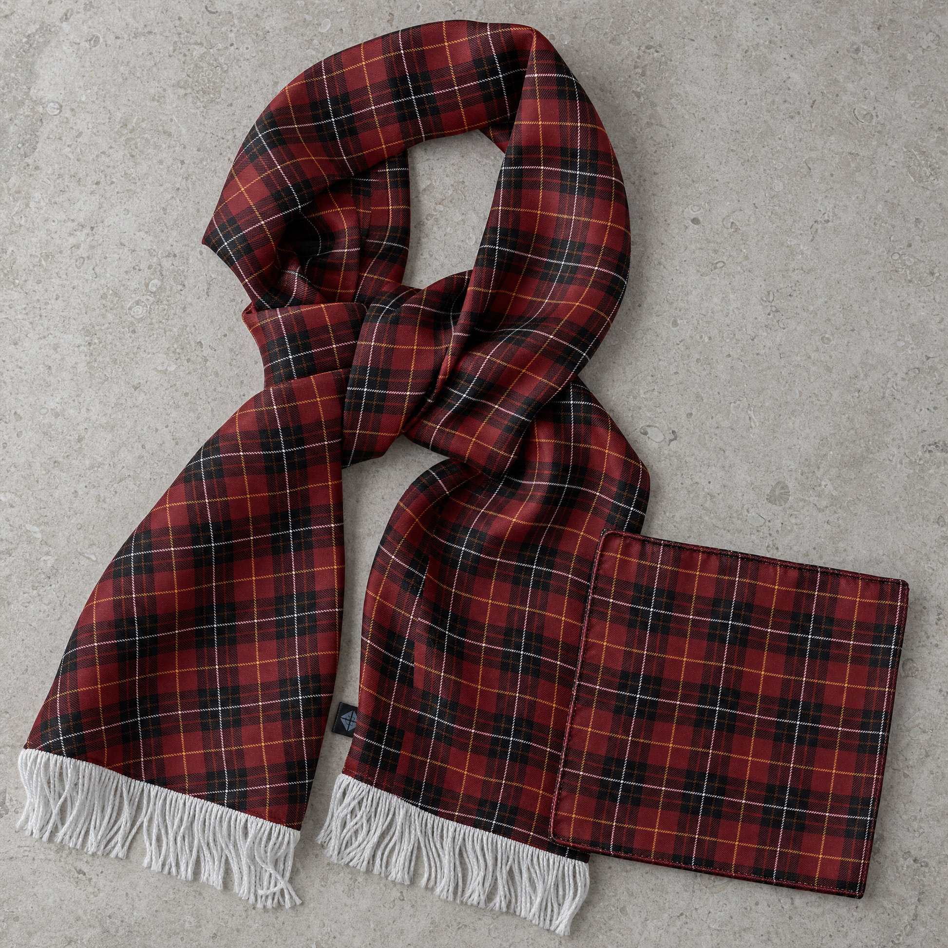 The Maroon Classic Plaid Silk Scarf & Pocket Square Set — 100% silk scarf, draped detail