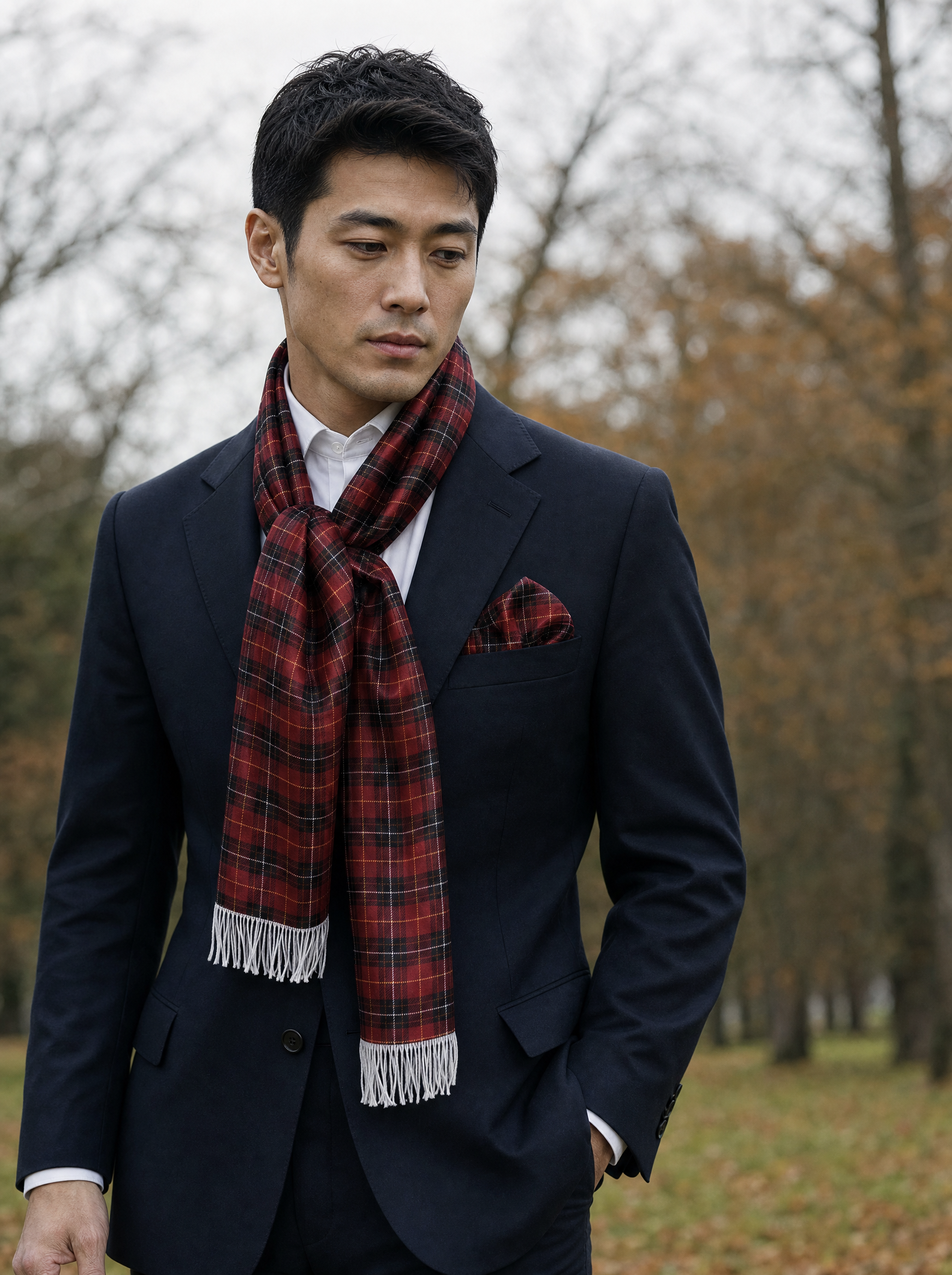 The Maroon Classic Plaid Silk Scarf & Pocket Square Set worn by a model — men's scarf