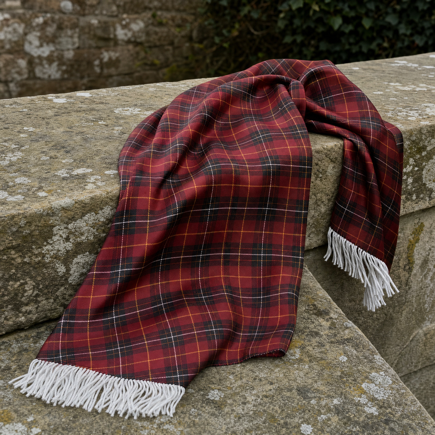 The Maroon Classic Plaid Silk Scarf — 100% silk scarf, draped detail