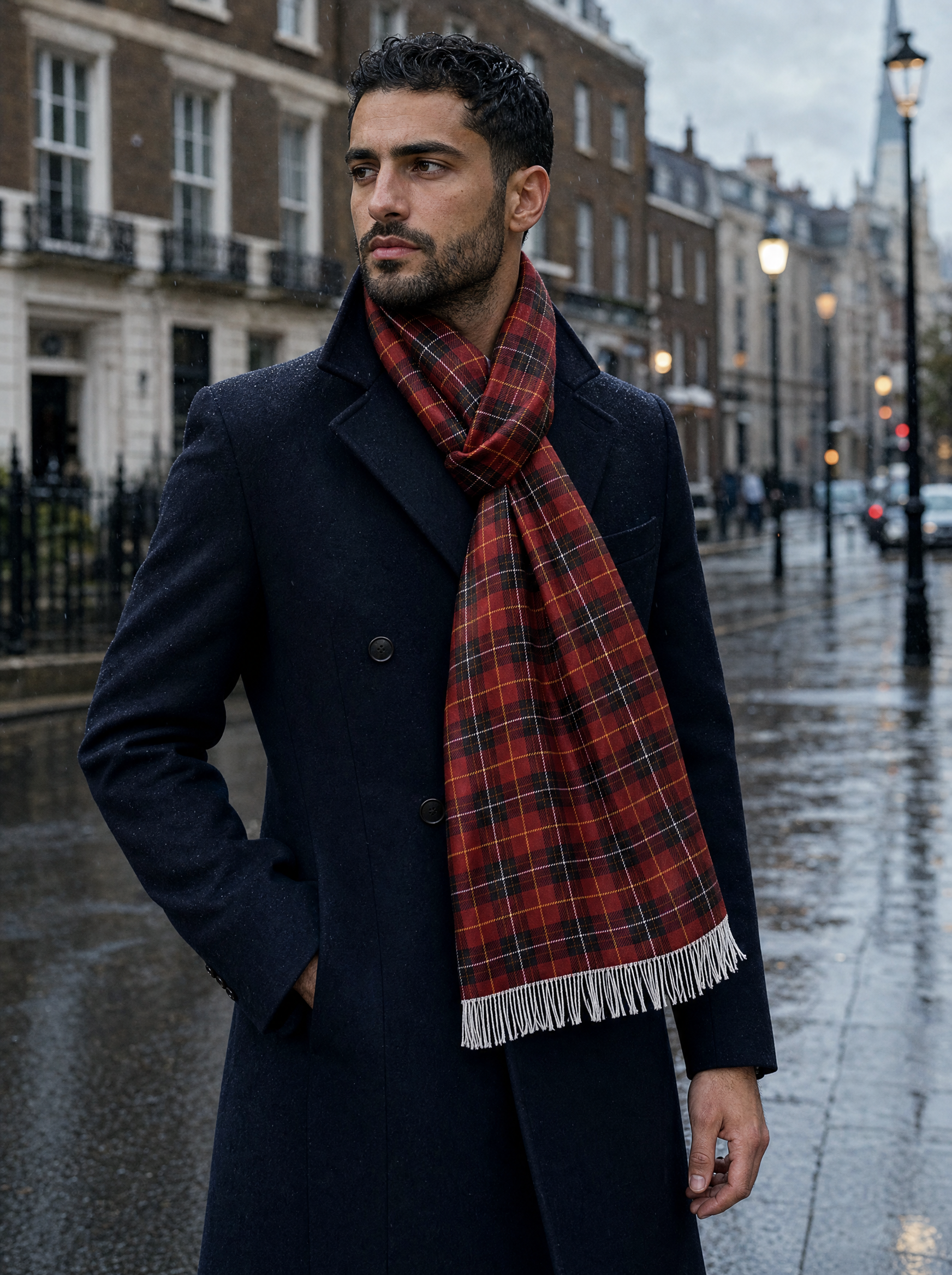 The Maroon Classic Plaid Silk Scarf worn by a model — men's scarf