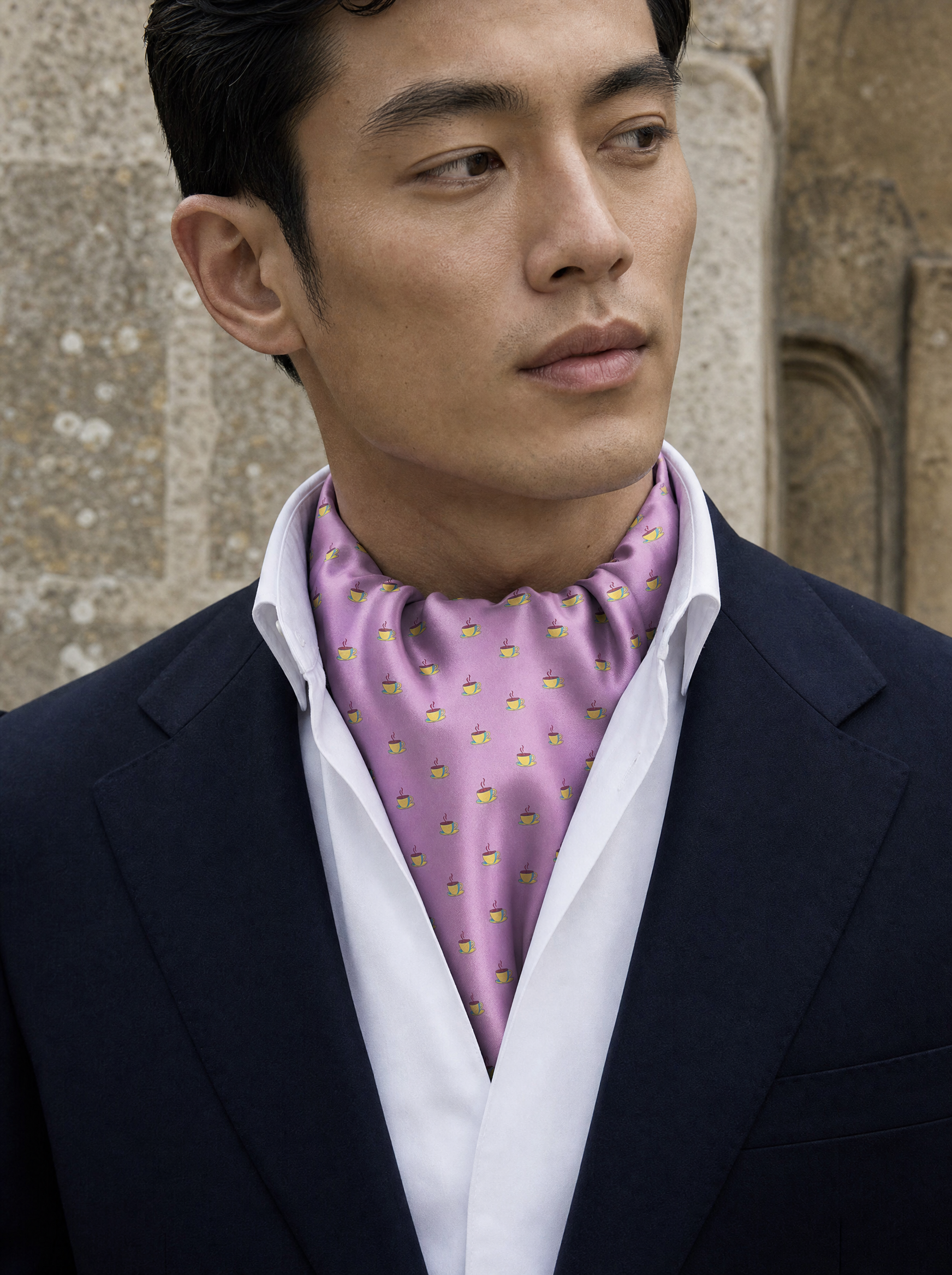 The Pink Tea Party Silk Cravat worn by a model — men's cravat